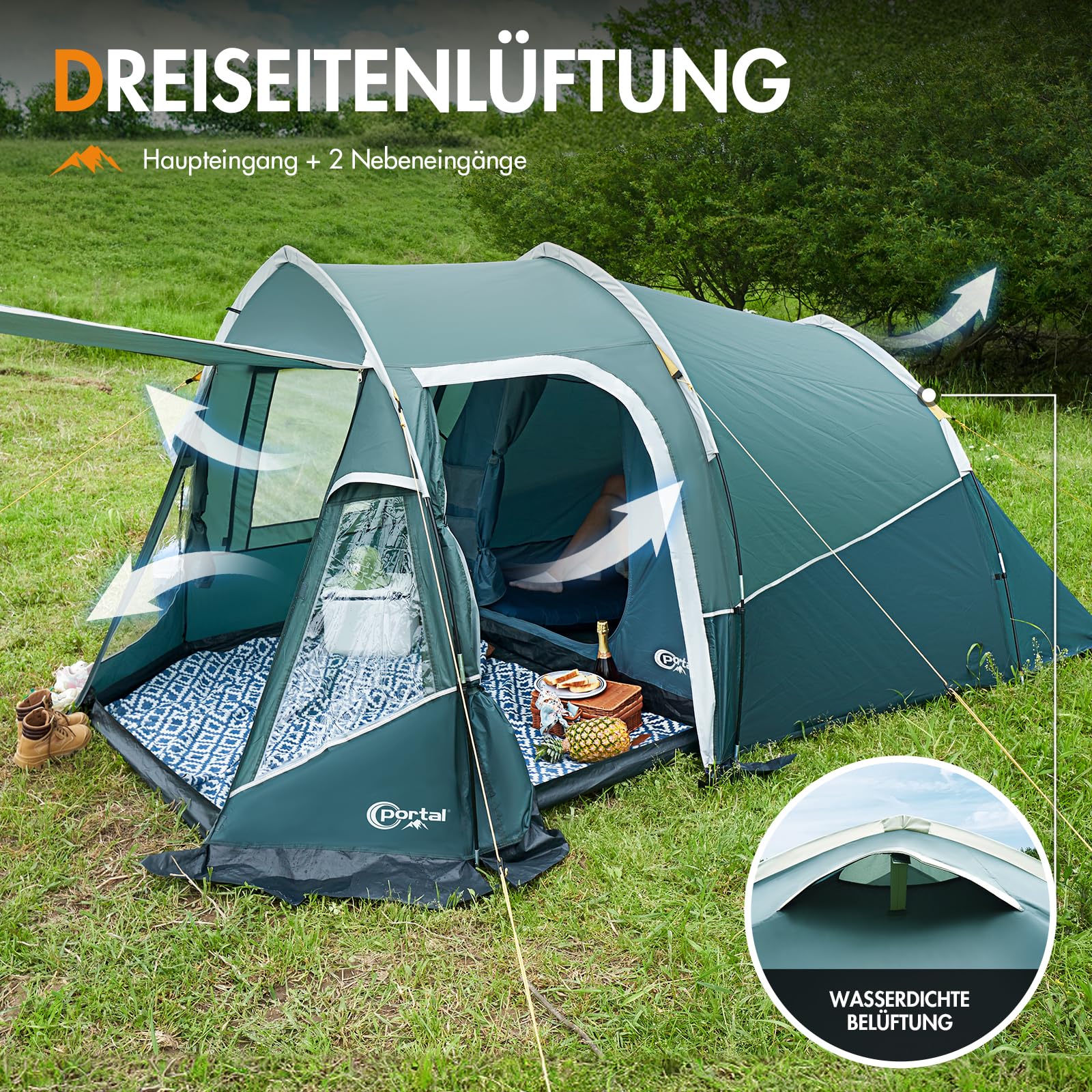 PORTAL Zelt 3 Perosonen Camping Zelt Wasserdicht 3000mm mit Vorzelt Fenster 3 Mann Tunnelzelt Familienzelt Festivalzelt für Camping Reise Trekking Garten