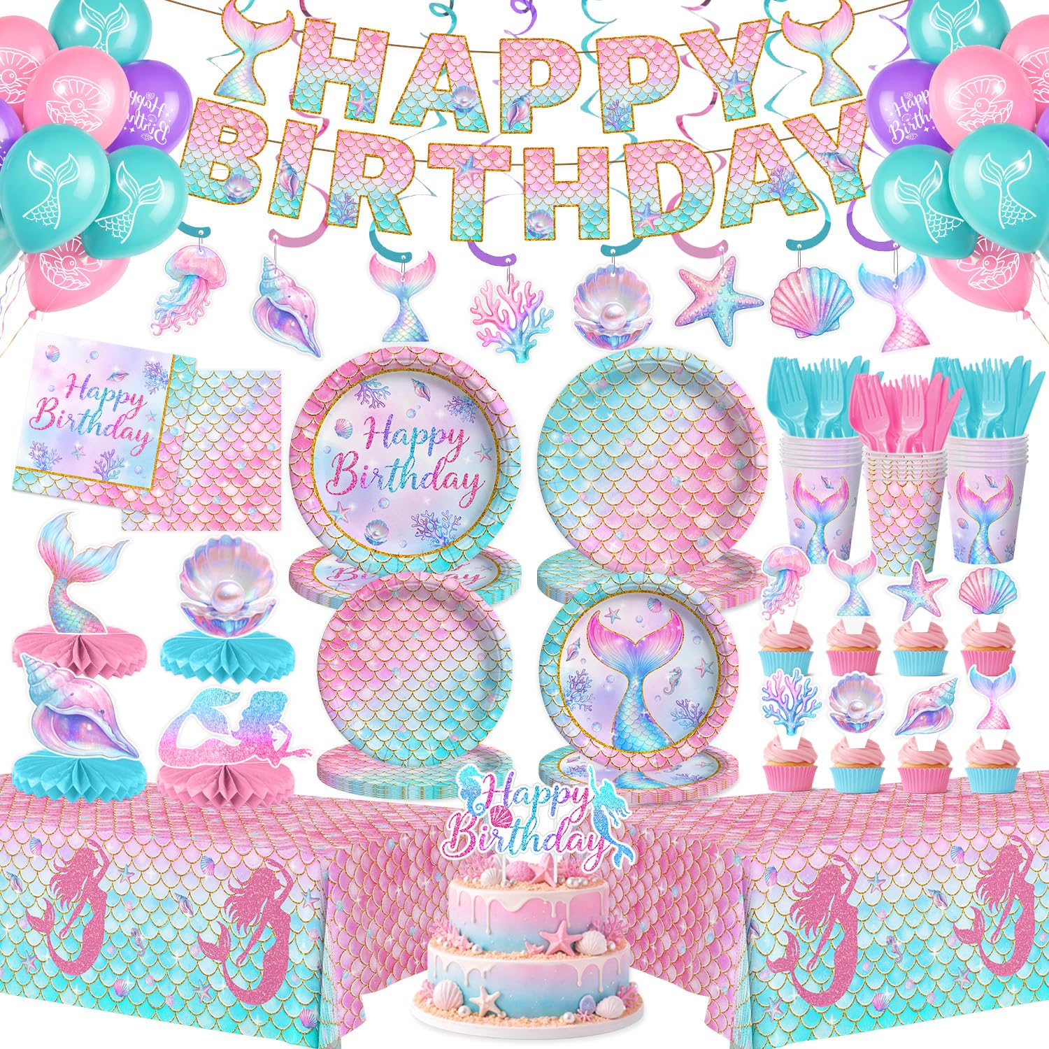 202 Pcs Mermaid Birthday Party Decorations (Serves 24), Mermaid Party Supplies Include Banner Hanging Plates Napkins Cups Forks Knifes Tablecloth Topper Balloons and Sash for Baby Shower