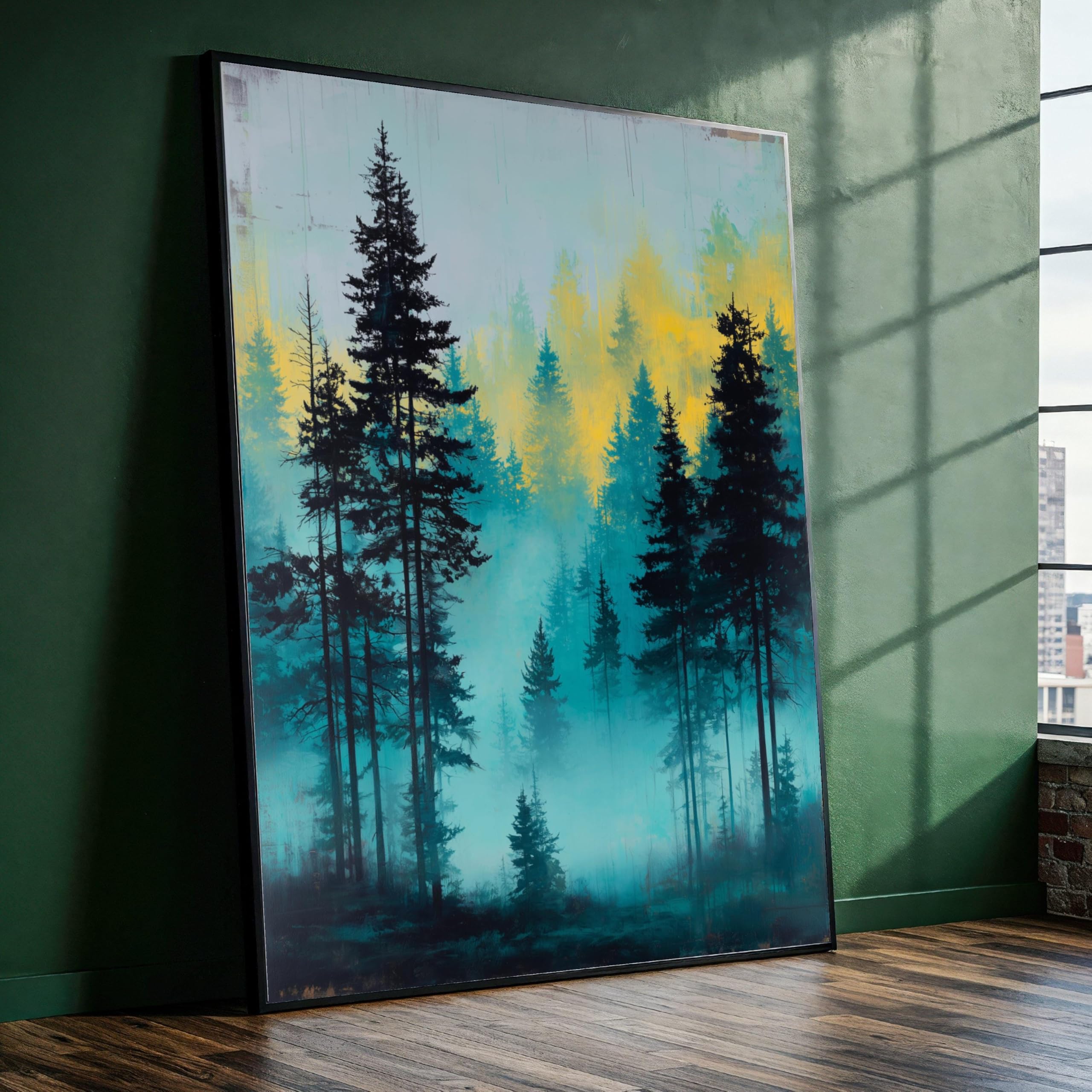 XBTYKPB Misty Pine Forest Canvas, Blue and Yellow Nature Wall Art, Woodland Landscape Canvas, Forest Scene, Home Decor Painting(30x40cm/Frameless)