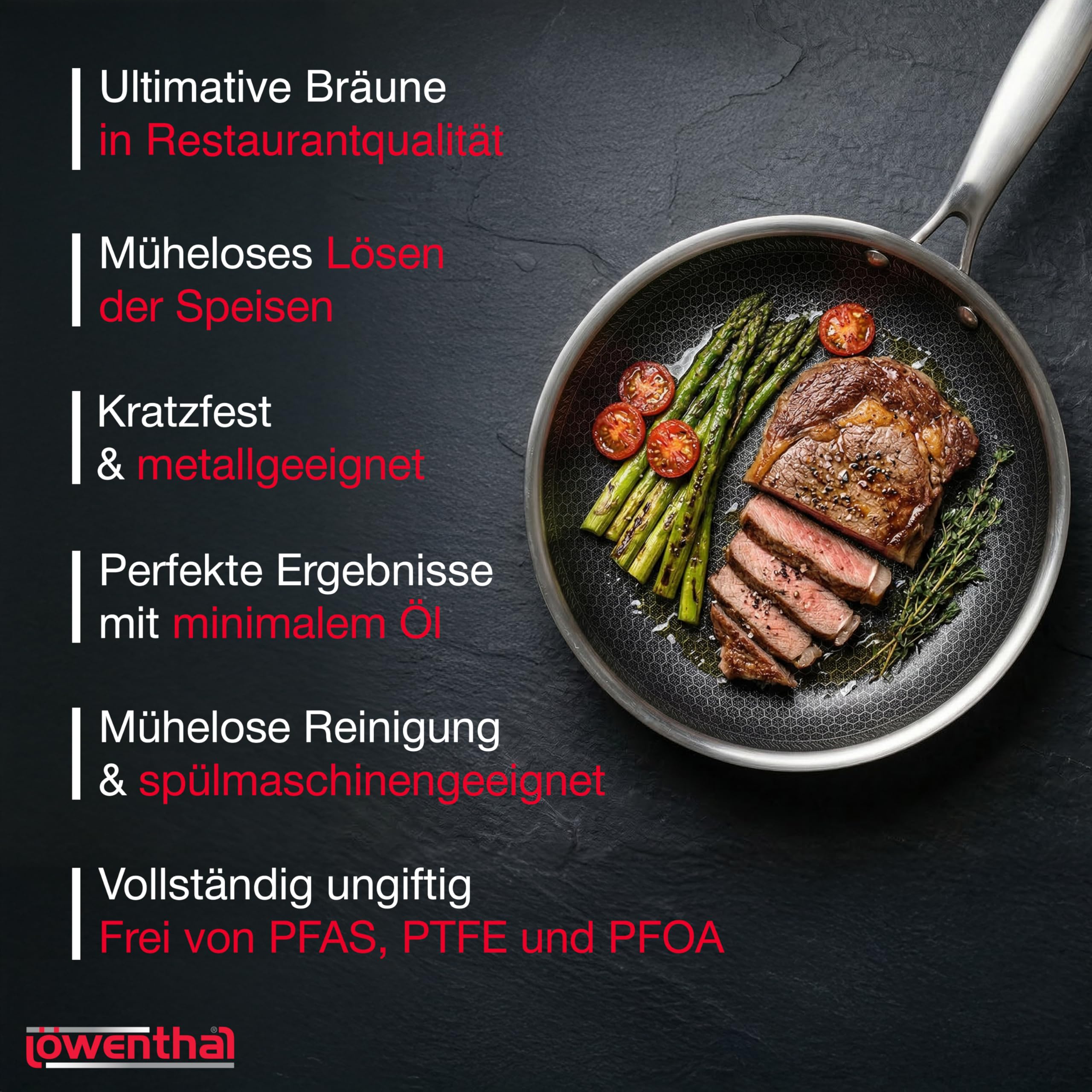 Löwenthal® Bratpfanne 28 cm | Edelstahl Pfanne mit Wabenstruktur | Keramische Antihaftbeschichtung | Kratzfest | PFAS- & PTFE-frei | Induktion alle Herdarten | Spülmaschinenfest | Backofenfest 280°C