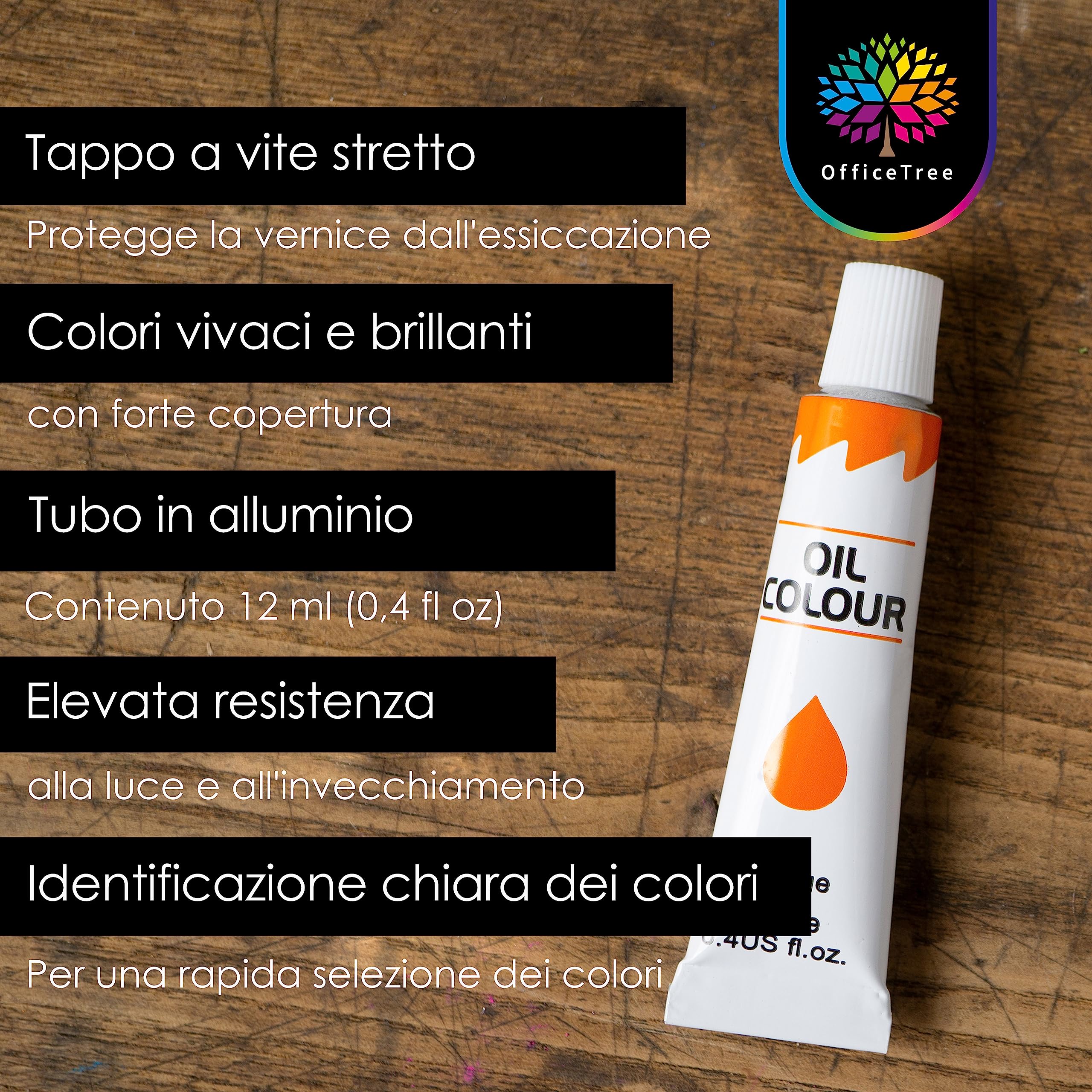 OfficeTree 24x 12 ml Kit pittura olio con pennello e tavolozza - Kit per la pittura con accessori - Colori ad olio per pittura su tela con trementina, fissante e blocco per pittura - Set dipingere