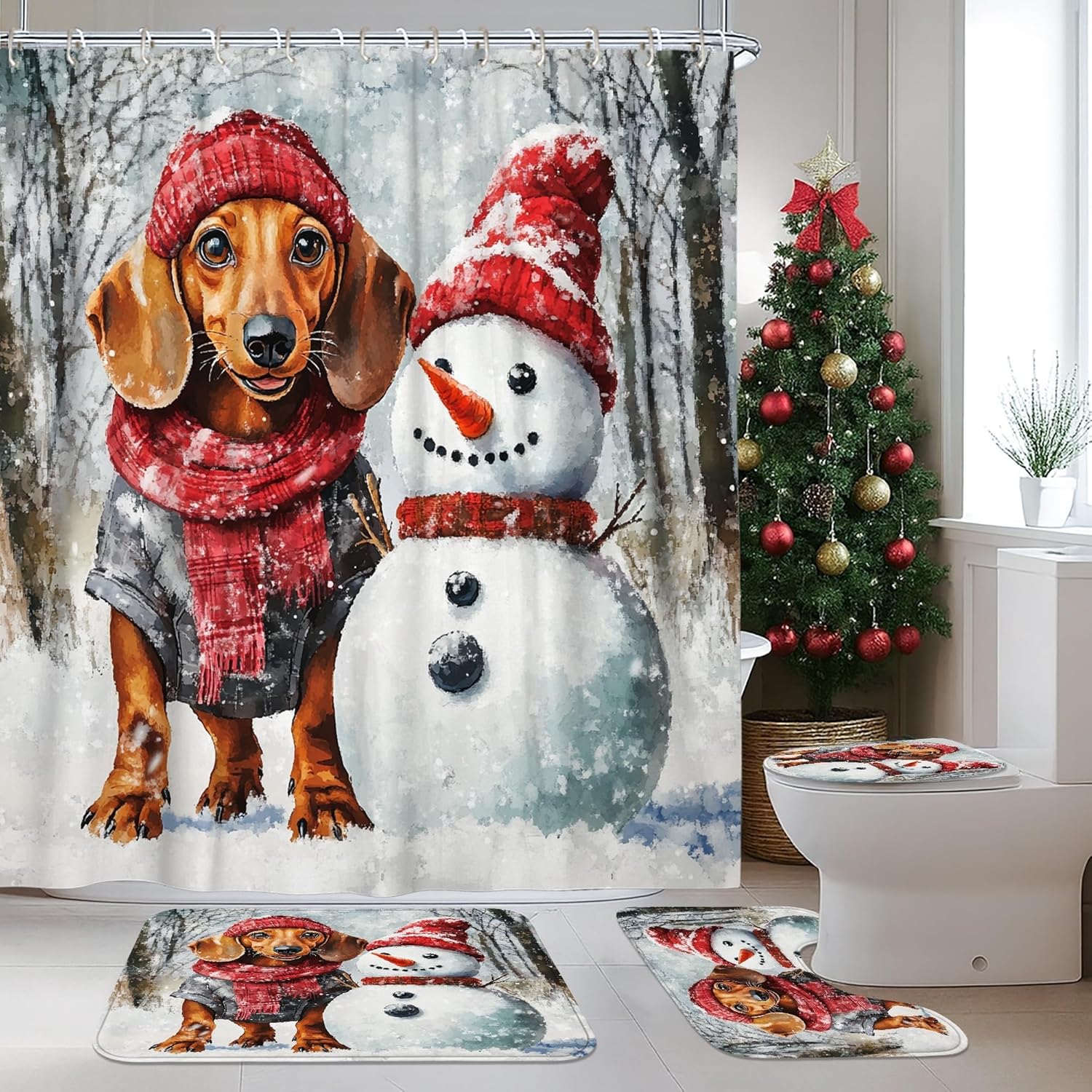 4PCS Winter Christmas Dachshund Dog Bathroom Sets with Non-Slip Rug, U Shape Toilet Lid Cover Mat, Snowman Xmas Puppy Pet Bathroom Decoration 72''x72''