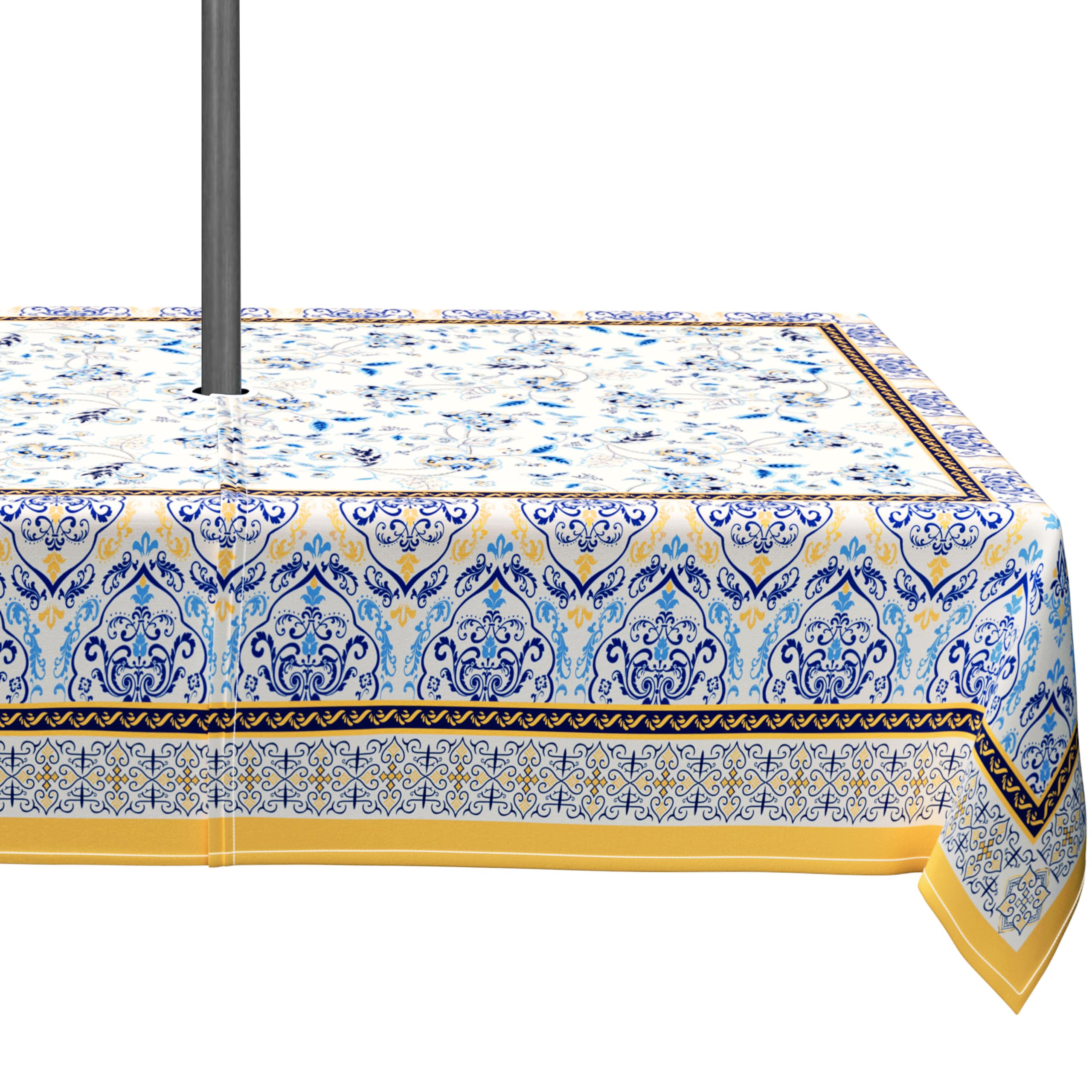 Virtumob Outdoor Tablecloth with Umbrella Hole and Zipper, Rectangle Patio Table Covers for Spring/Summer, Machine Washable Outdoor Picnic Table Cloth (Blue Vine, 60" × 84" Rectangular)
