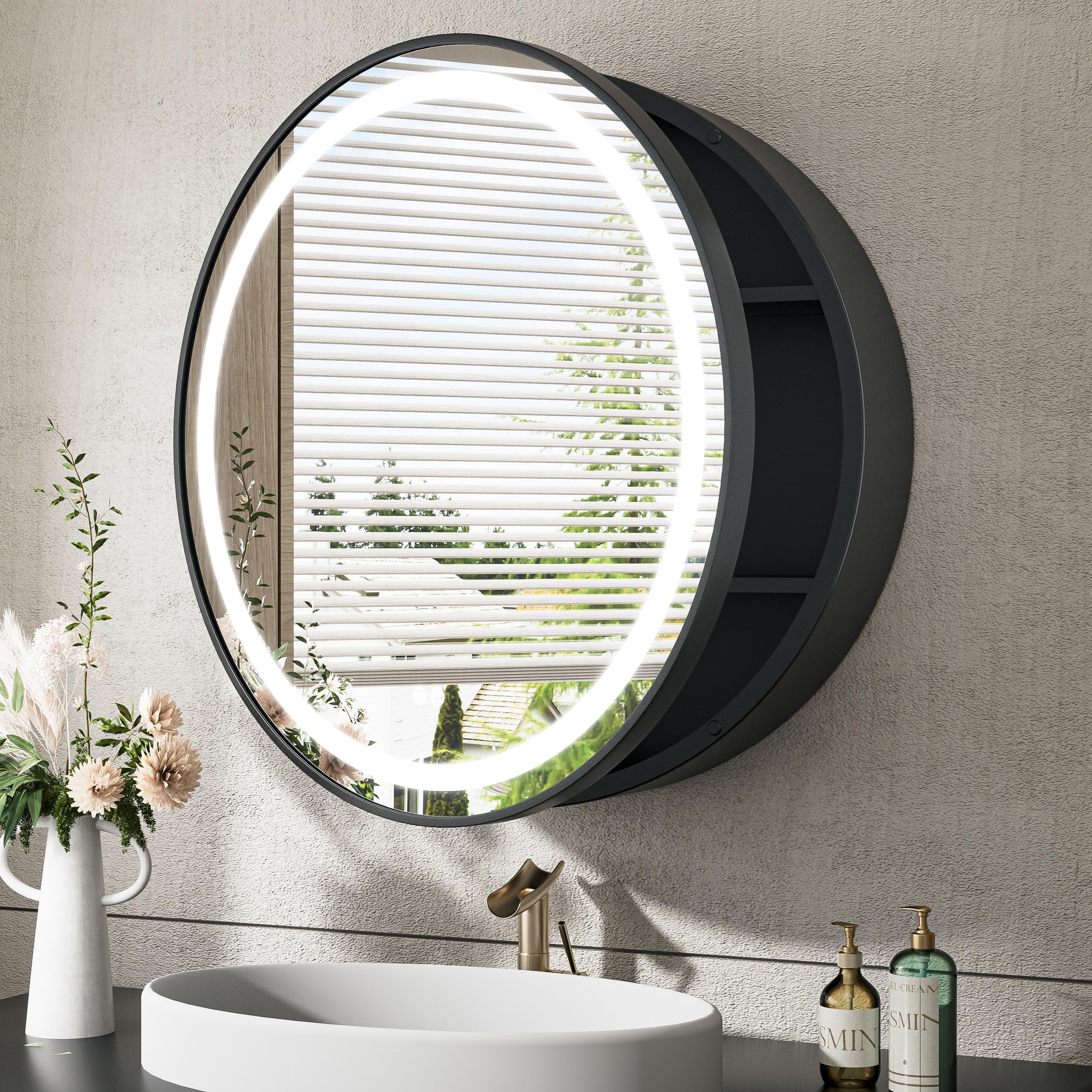 TokeShimi 30 Inch Round Medicine Cabinet with Mirror Lighted, 3 Color LED Bathroom Mirror Medicine Cabinet Black, Surface Mount Mirrored with Storage for Bathroom 2 Electrical Outlet