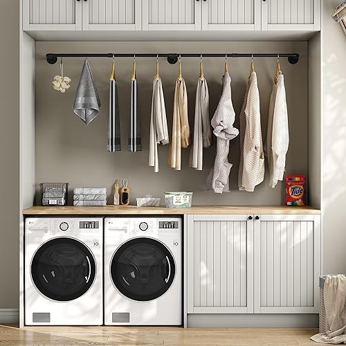 Miniatura 3 de Crehomfy Perchero industrial de tubería con 3 ganchos en forma de S, perchero de pared de 72 pulgadas de largo, barra de ropa de hierro resistente,