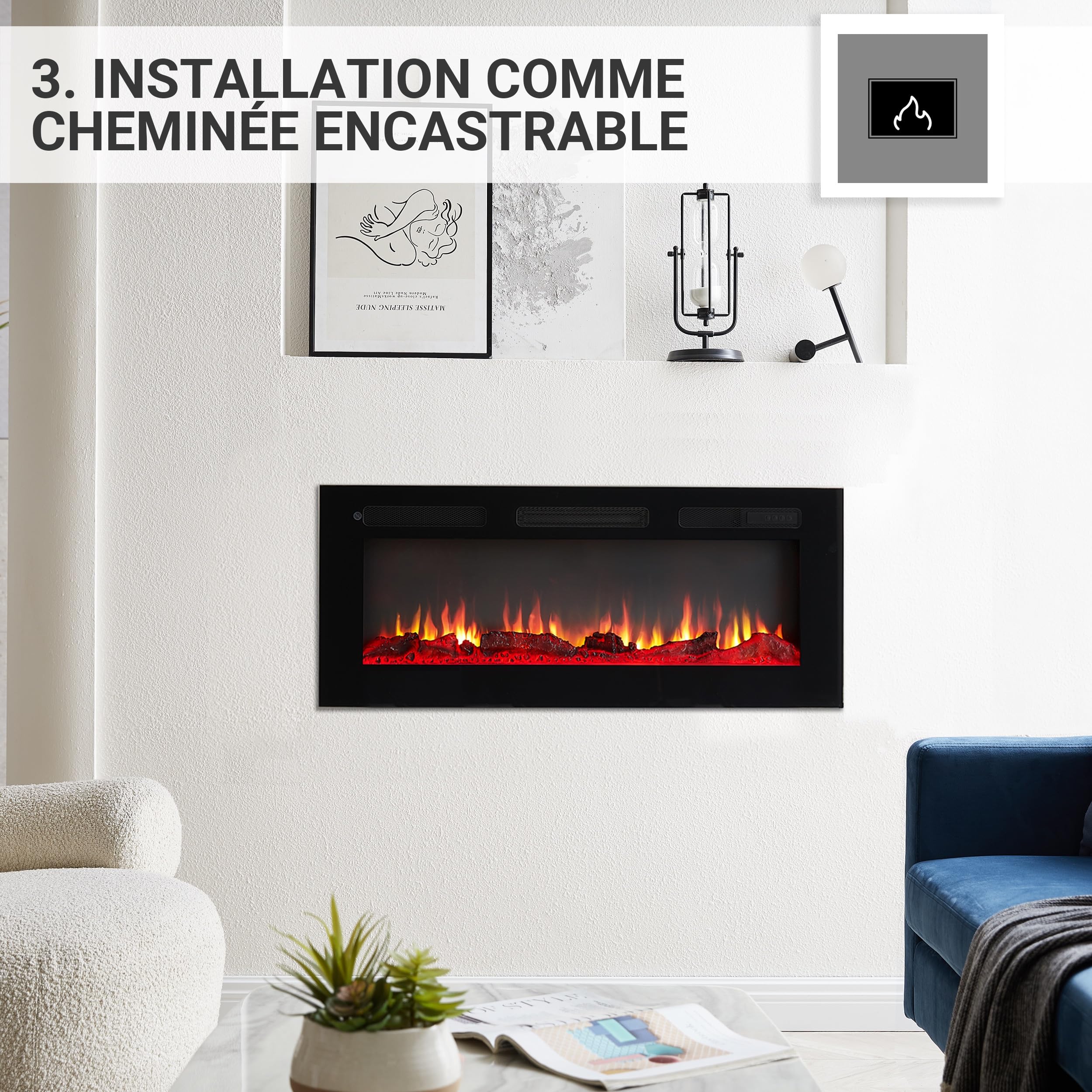 BALDERIA cheminée électrique Leif 40" | Foyer électrique Mural avec Effet de Flammes 3D | Chauffage 2000W, éclairage LED | Cheminée encastrable avec télécommande, minuteur & Thermostat | Noir