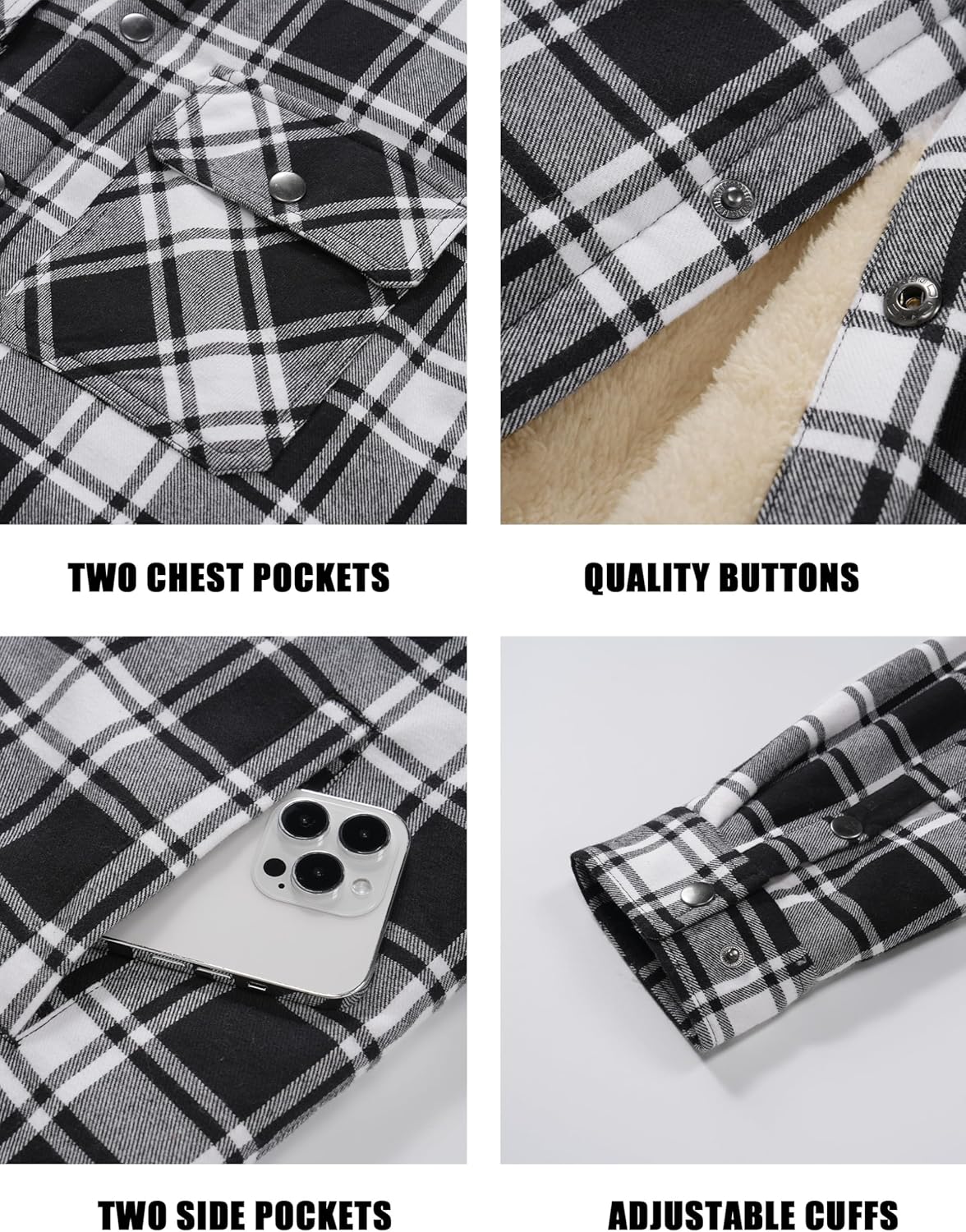 Cotrasen Flannel Jacket for Men with Hood Sherpa Lined Fleece Plaid Shirt Jacket Cotton Soft Warm Winter Coat with 5 Pokects - Image 5