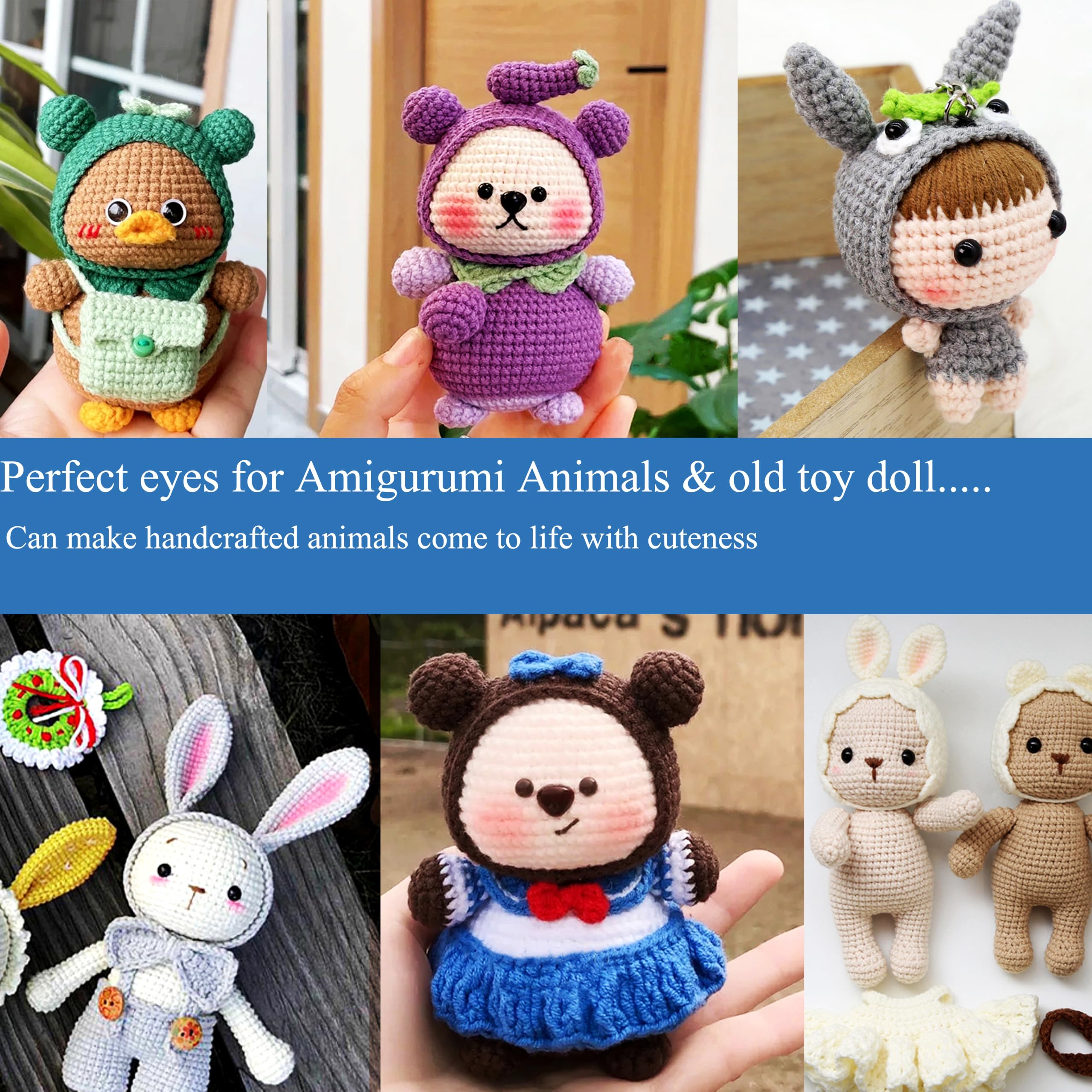 300 ojos de seguridad y arandelas seguras para ganchillo amigurumi, 4 tamaños, 10-15 mm, ojos de seguridad de plástico negro, ojos de ganchillo para amigurumi, manualidades, muñecas de