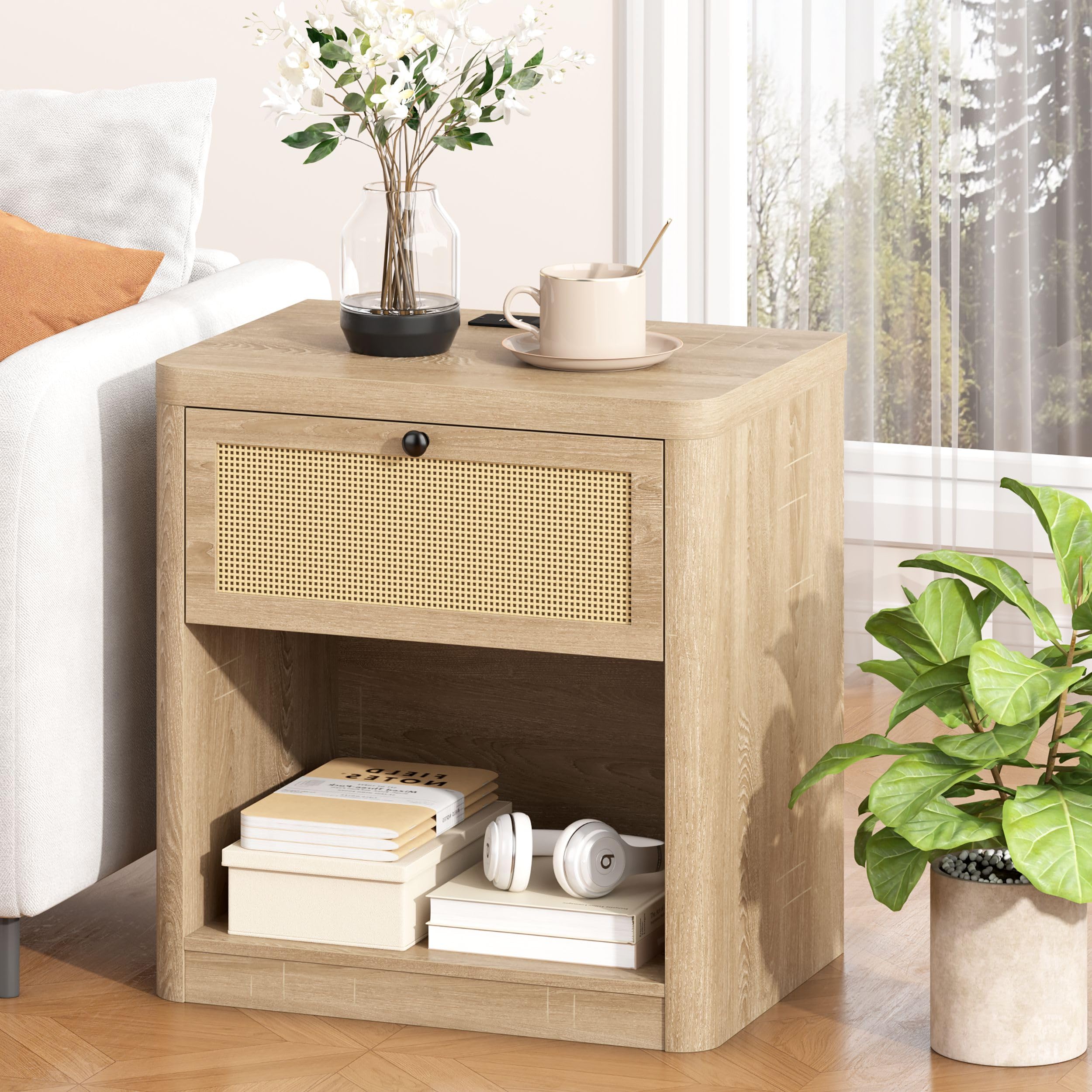 Yusong Rattan Night Stand, Bedside Table Small Night Stand with Charging Station, End Table for Bedroom, Boho Side Table for Bedroom, Sunwashed Oak