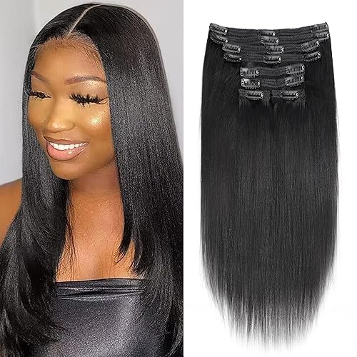 Yaki - Extensiones de cabello lacio con clip para mujeres negras, 100% sin procesar, cabello virgen brasileño para cabeza completa, color negro