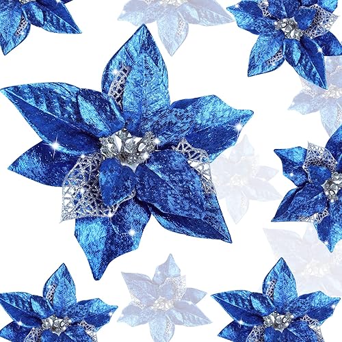 AOKE 16 piezas de flores de Pascua azules artificiales con purpurina para decoración de Navidad con clips, decoraciones grandes de Navidad para