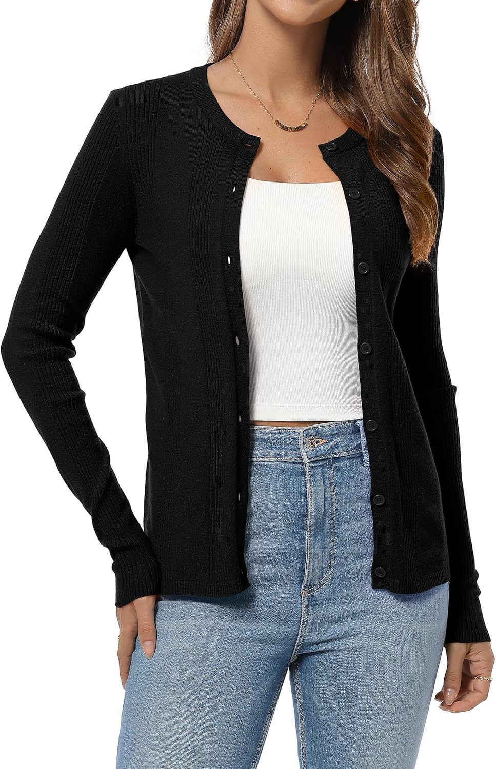 QUALFORT Women’s Lightweight Ribbed Knit Cardigan Sweater Crew Neck Button Down Long Sleeve Soft Stretchy Cardigan - Image 5