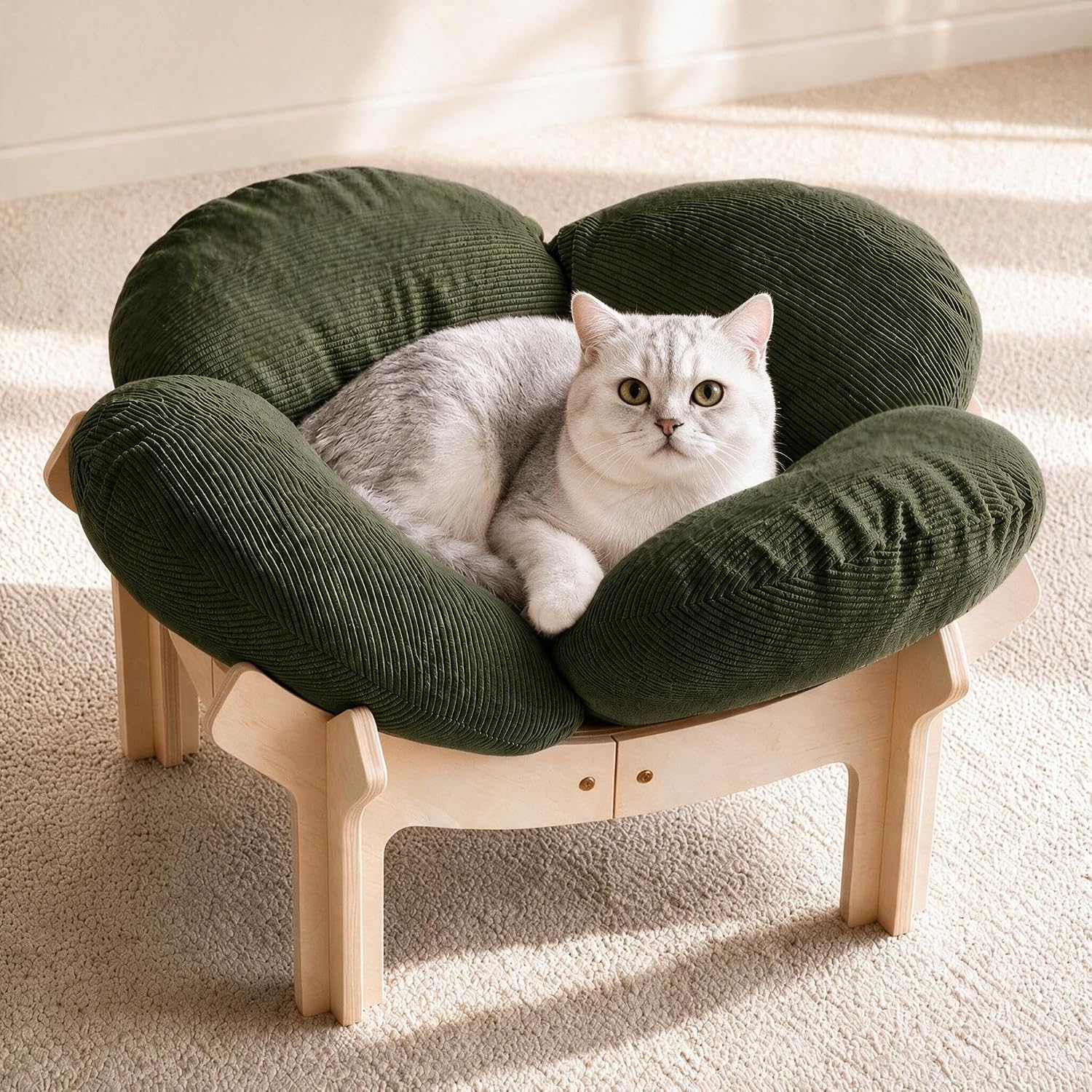 Elevated Flower Cat Bed Wooden Removable Cushion for Indoor Cats Small Dogs