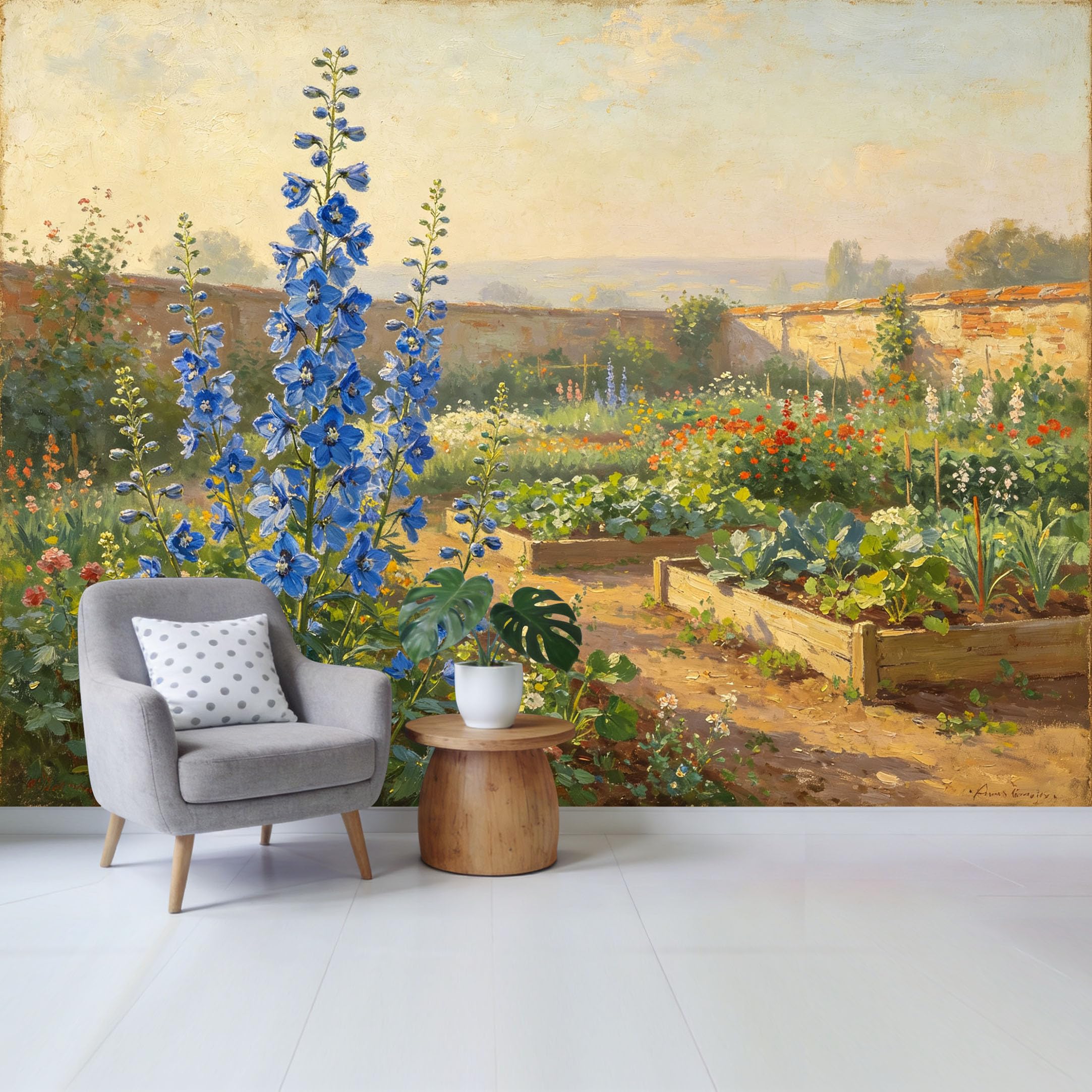 Qzlithotic Yq2605250686 Custom Size Wall Mural Botanical Blue Delphinium Flowers Oil Painting Landscape Rural Vegetable Garden Selfadhesive Wall Fabric Removable Wallpaper For Home Office Decor