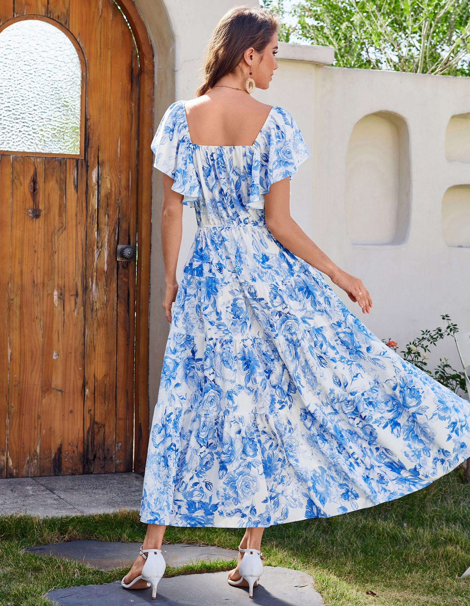 GRACE KARIN Maxi abito estivo da donna, casual, elegante, floreale, con volant, spacco, linea A, abito da sposa con tasca
