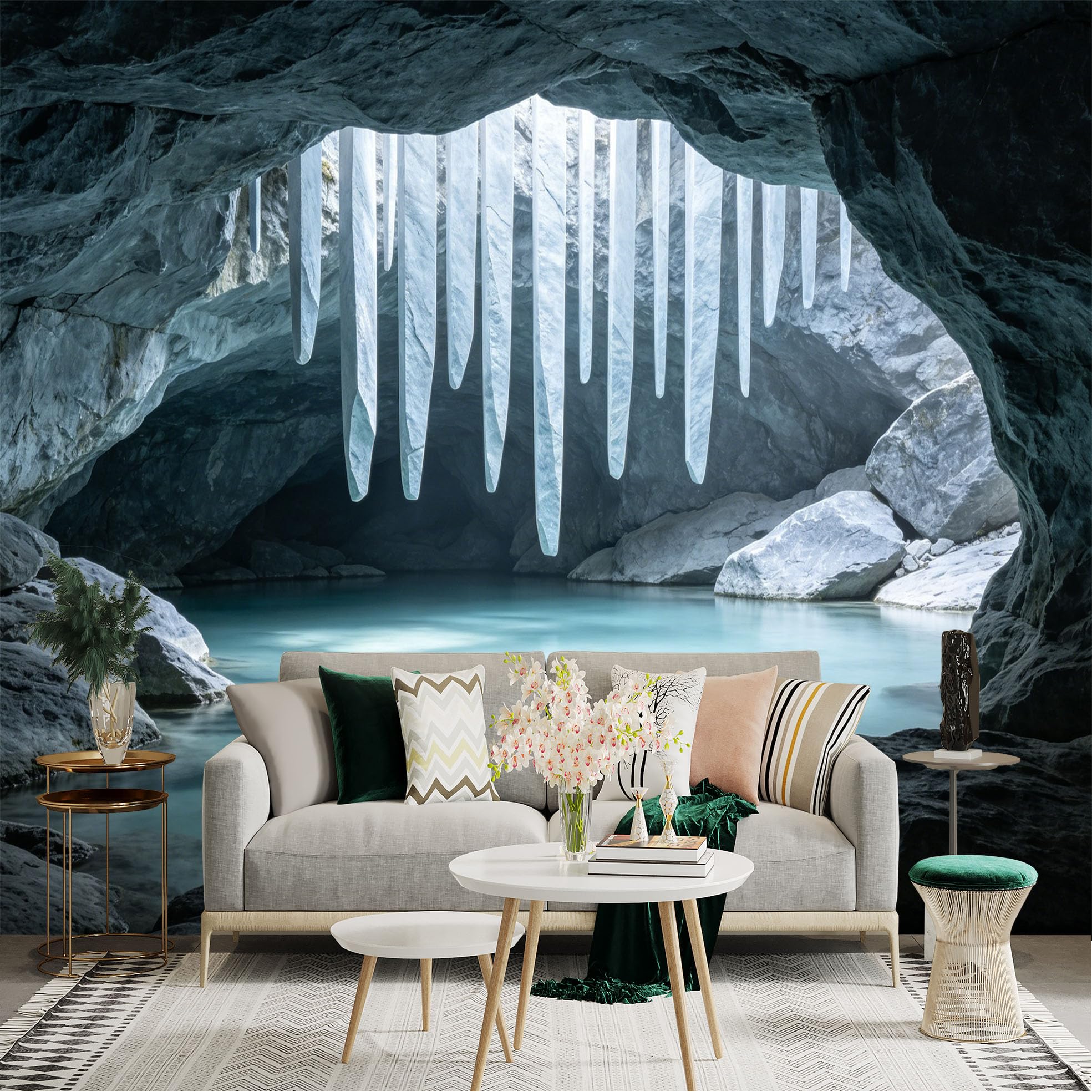 Lnzczhyre Dbh260521835 Custom Size Wall Sticker Mural， Natural Ice Cave With Turquoise Water， Frozen Icicles， Geological Formation， For Wall Decoration， Peelandstick Wall Decals.