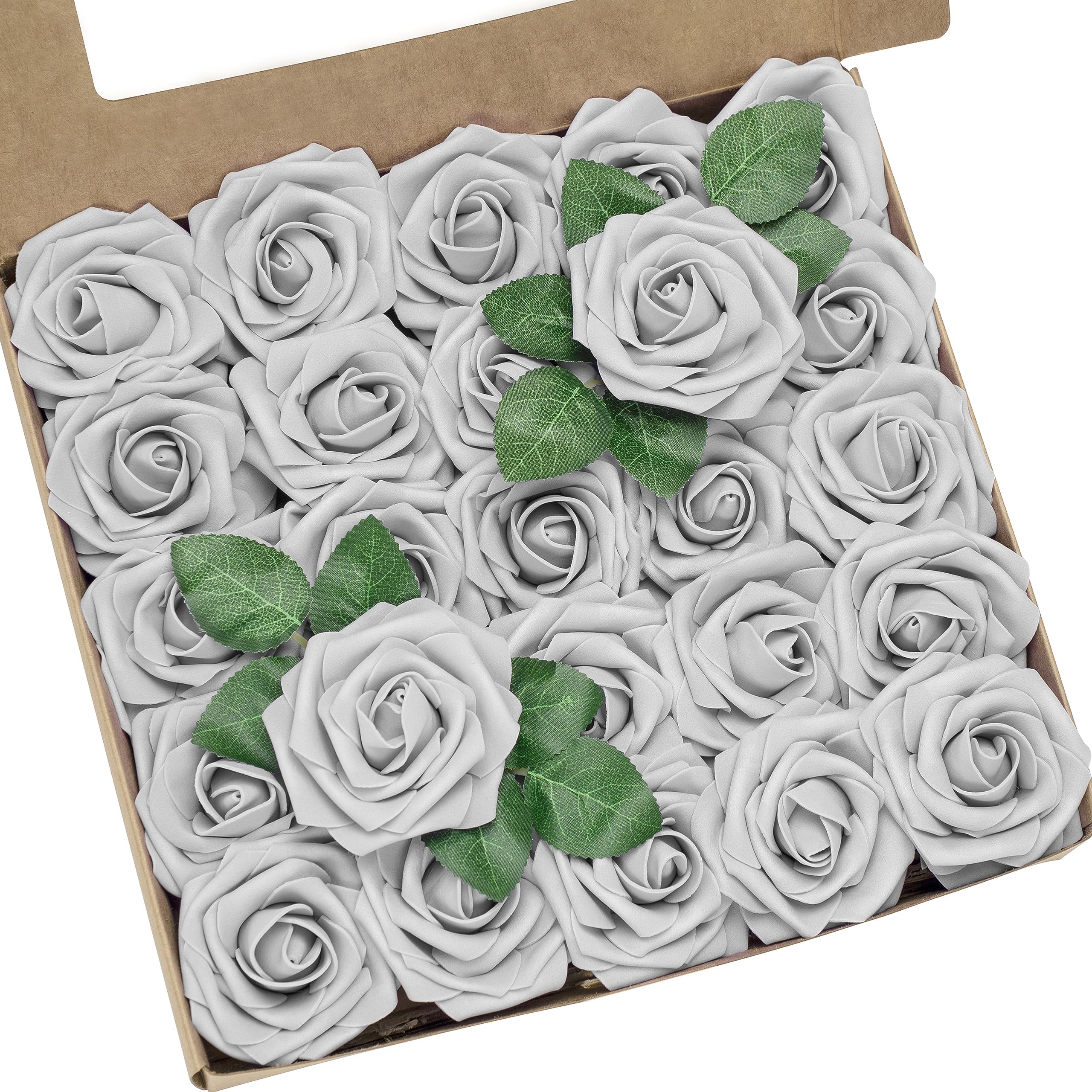Artificial Flowers, 50pcs Realistic Grey Artificial Rose for Centerpieces