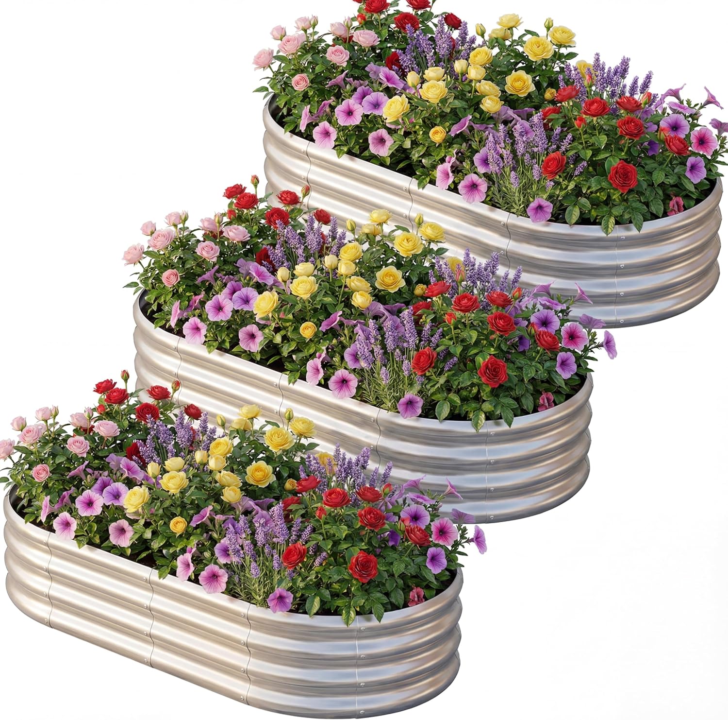 AHEONLAR 3 Pack 6×3×1ft Galvanized Raised Garden Beds, Oval Metal Garden Bed Planter Boxes Outdoor, Durable Raised Garden Beds Outdoor for Vegetables, Flowers, Silver