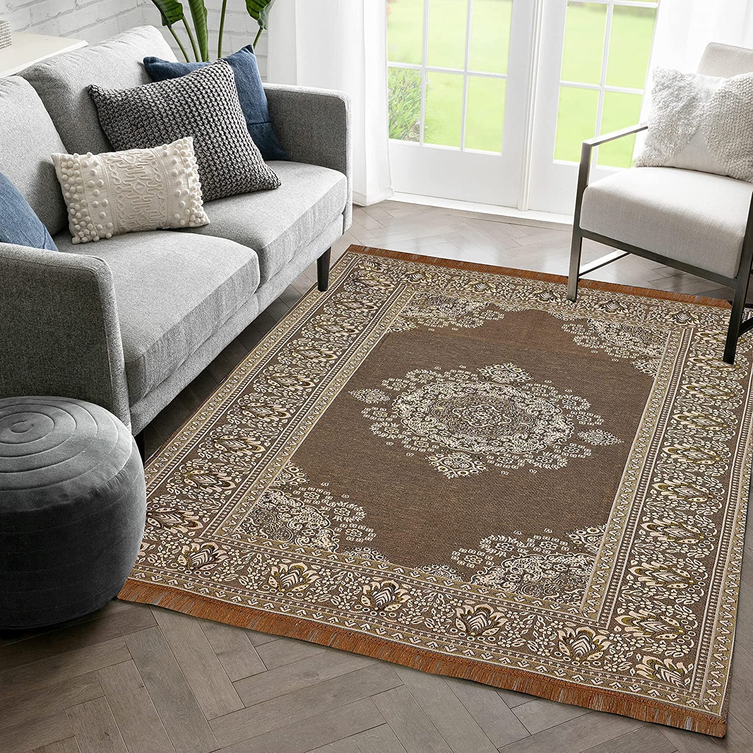 Sparrow World Designer Superfine Exclusive Cotton Carpet/Area Rug/Bedside Runner, Cotton Living Room Carpet, Durries in (5x7 Feet, Mouse)