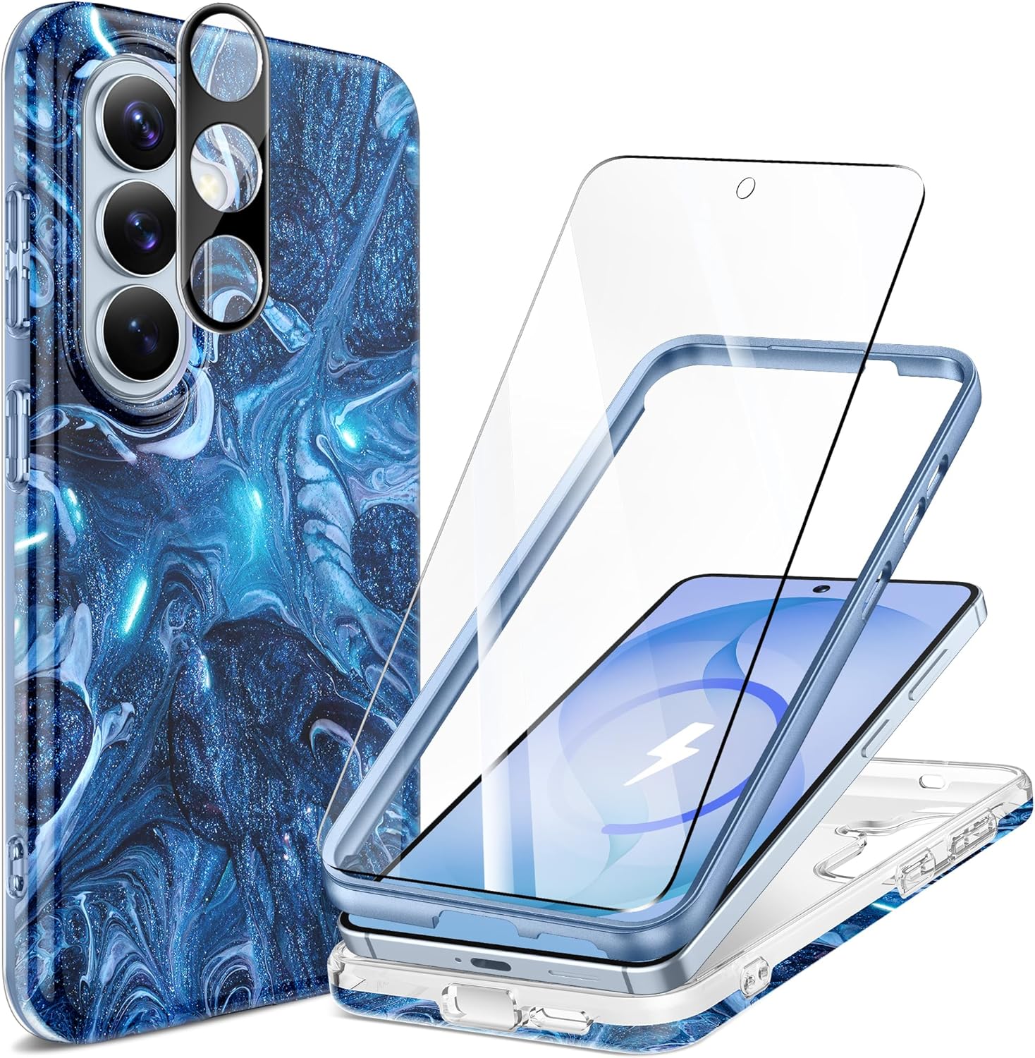 GVIEWIN for Samsung Galaxy S26 Case, [Compatible with MagSafe] [Screen & Camera Lens Cover], Marble Slim Shockproof Military-Grade Protection Women Phone Case for S26 6.3" (Abyss/Blue)