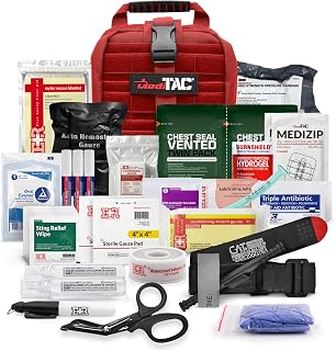 MediTac IFAK Trauma Kit with C-A-T Tourniquet, Chest Seal, Hemostatic Gauze, Zip Closure Strips, MOLLE Rip Away Tactical Medical Bag Emergency Bleeding Control Kit - Red