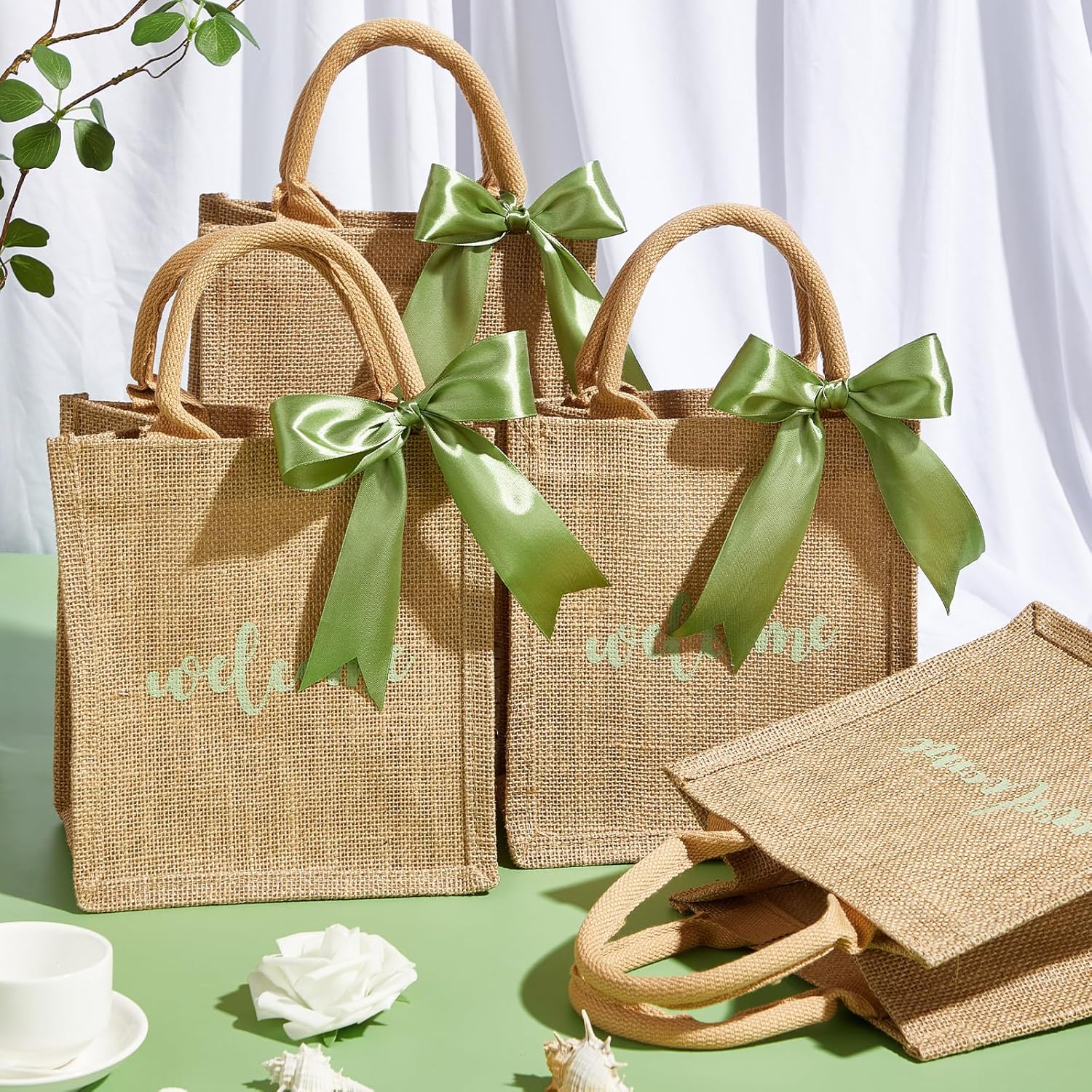 party greeting 20 Pack Burlap Welcome Gift Bags with Handles Jute Wedding Bags with 2 Rolls of Sage Green Ribbon Bridesmaid Bag Party Favor Bag Suitable for Parties Birthdays Weddings