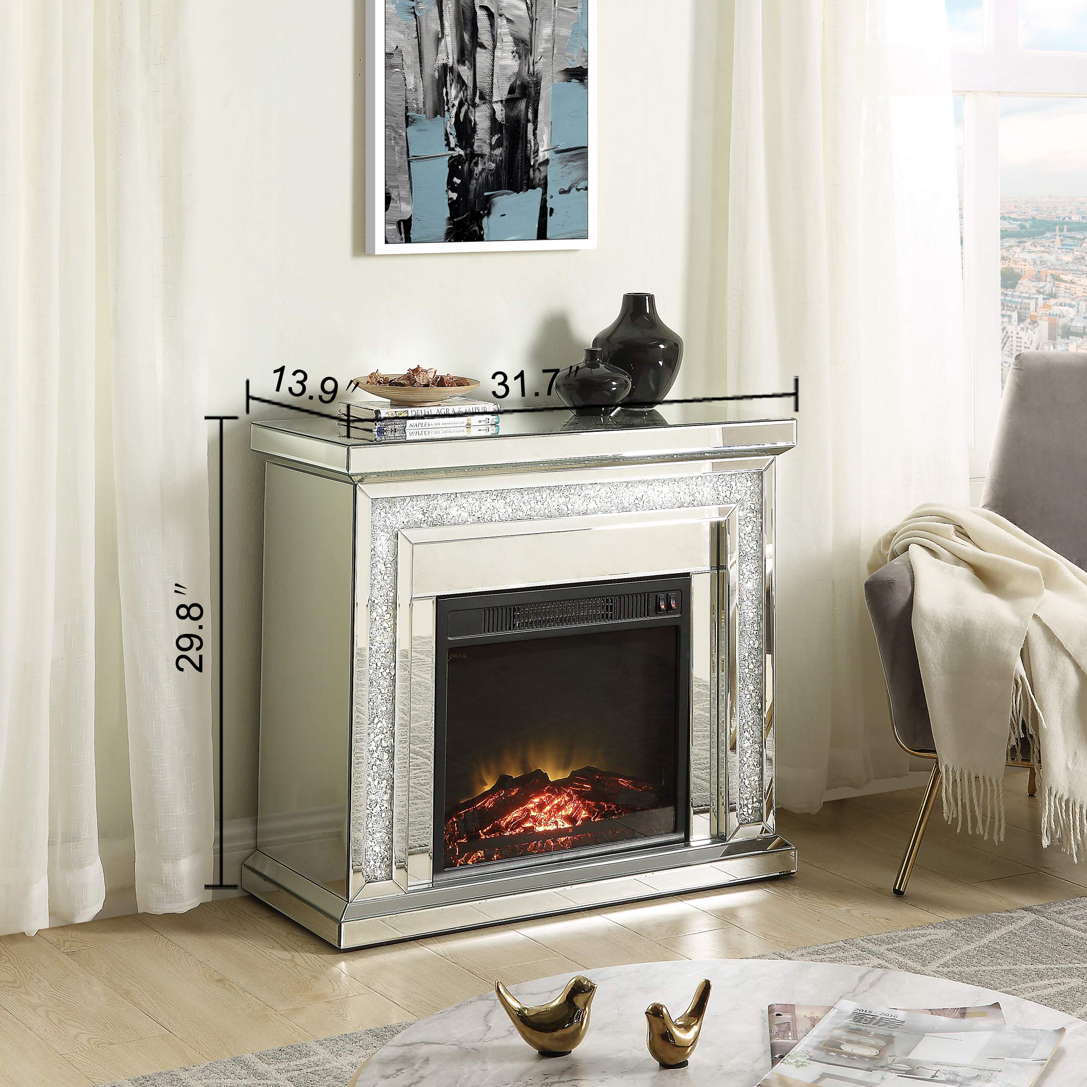 Buy MIREO Mirrored Fireplace With Crystal Diamond Inlay, Realistic