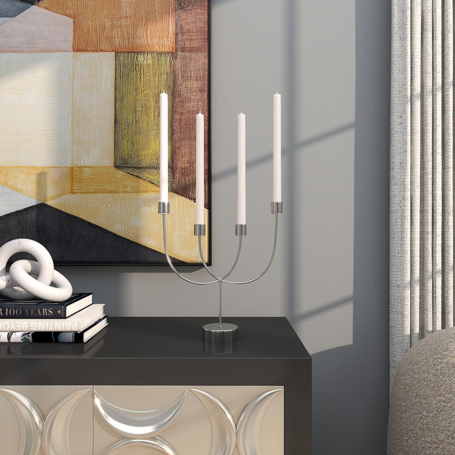 Silver Stainless Steel Overlapping U-Shaped Candelabra with Round Elevated Base