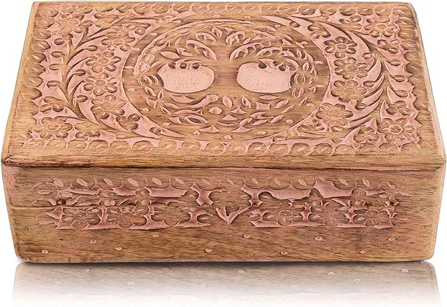 Great Birthday Gifts Handmade Decorative Wooden Jewellery Box Tree Of Life Carving Jewellery Organizer Keepsake Box Treasure Chest Trinket Holder Watch Box Storage Lock Box Housewarming Gift