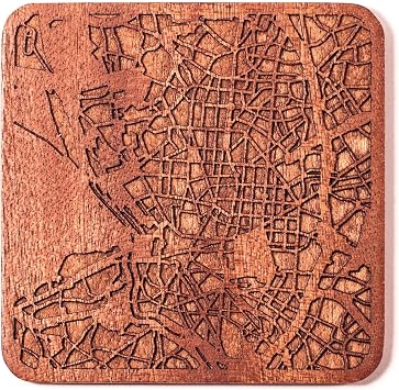 Madrid Map Coaster by O3 Design Studio, 1 piece, Sapele Wooden Coaster With City Map, Handmade, Multiple city optional