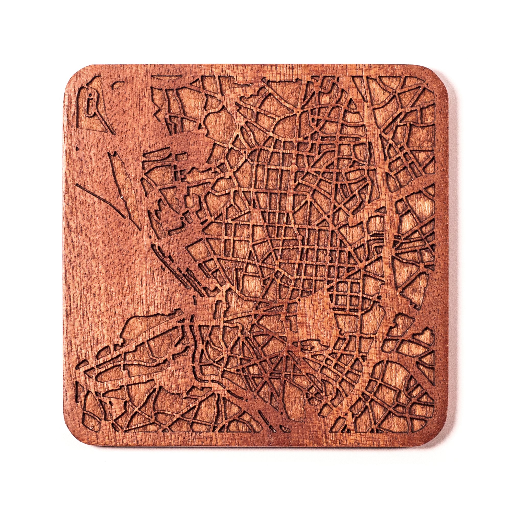 Madrid Map Coaster, One piece, Sapele Wooden Coaster with City map, Multiple City Optional, Handmade