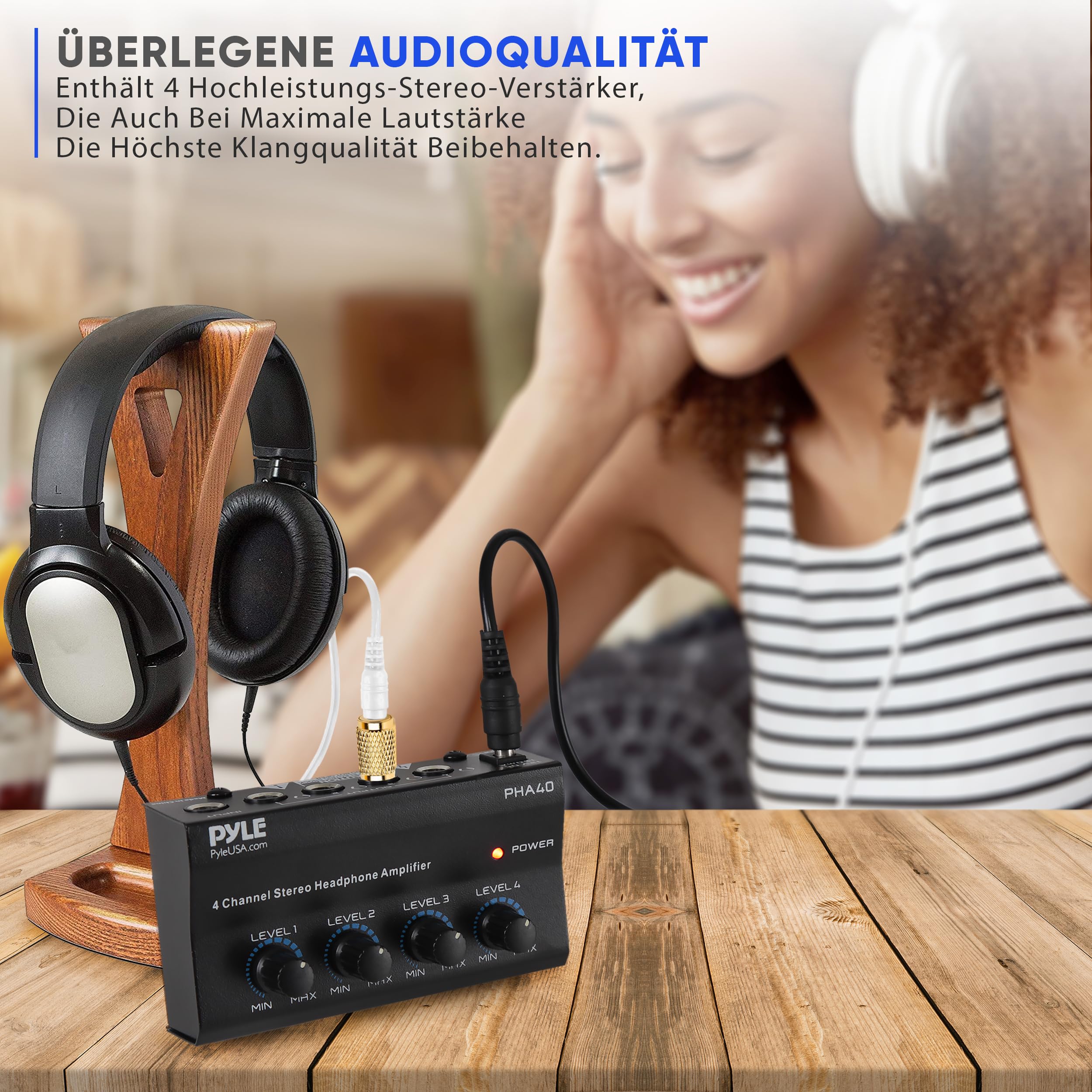 Pyle 4-Kanal Kopfhörerverstärker – Kompakter Kopfhörer-Amp mit 4 Ausgängen und individueller Lautstärkeregelung, ideal für Studio, Podcast und DJ, inkl. Netzteil