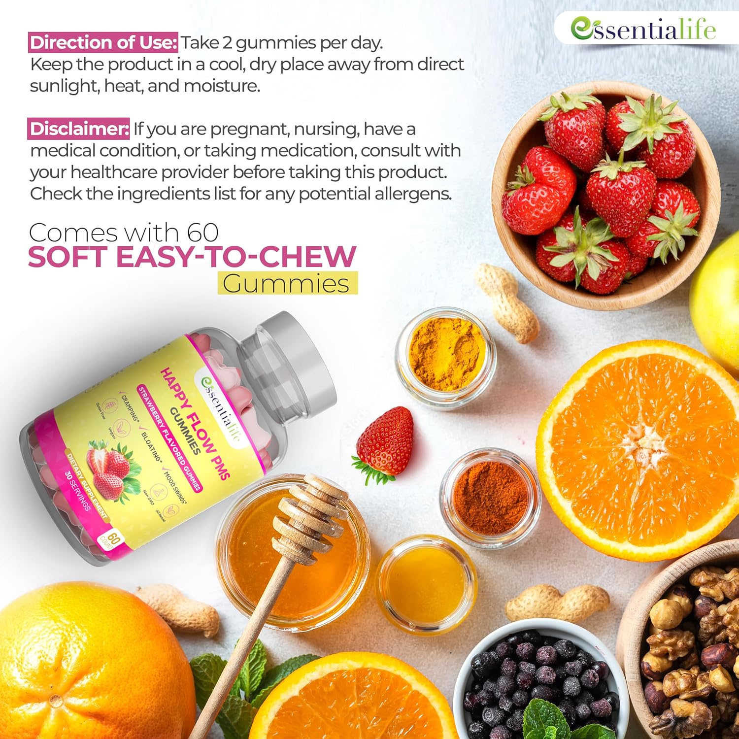 PMS Gummies - Happy Flow PMS Support Supplement for Women - Strawberry PMS Relief Supplement with Vitamin B6 for Hormone Balance, Period Support, Cramps, Hormonal Acne & Bloating Relief (60 Count) - Image 5