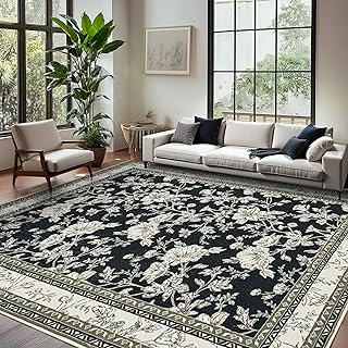 Black Floral Rug 5x7 Machine Washable Area Rug for Living Room Vintage B...