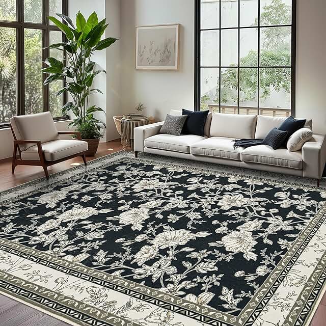 Black Floral Rug 5x7 Machine Washable Area Rug for Living Room Vintage B...