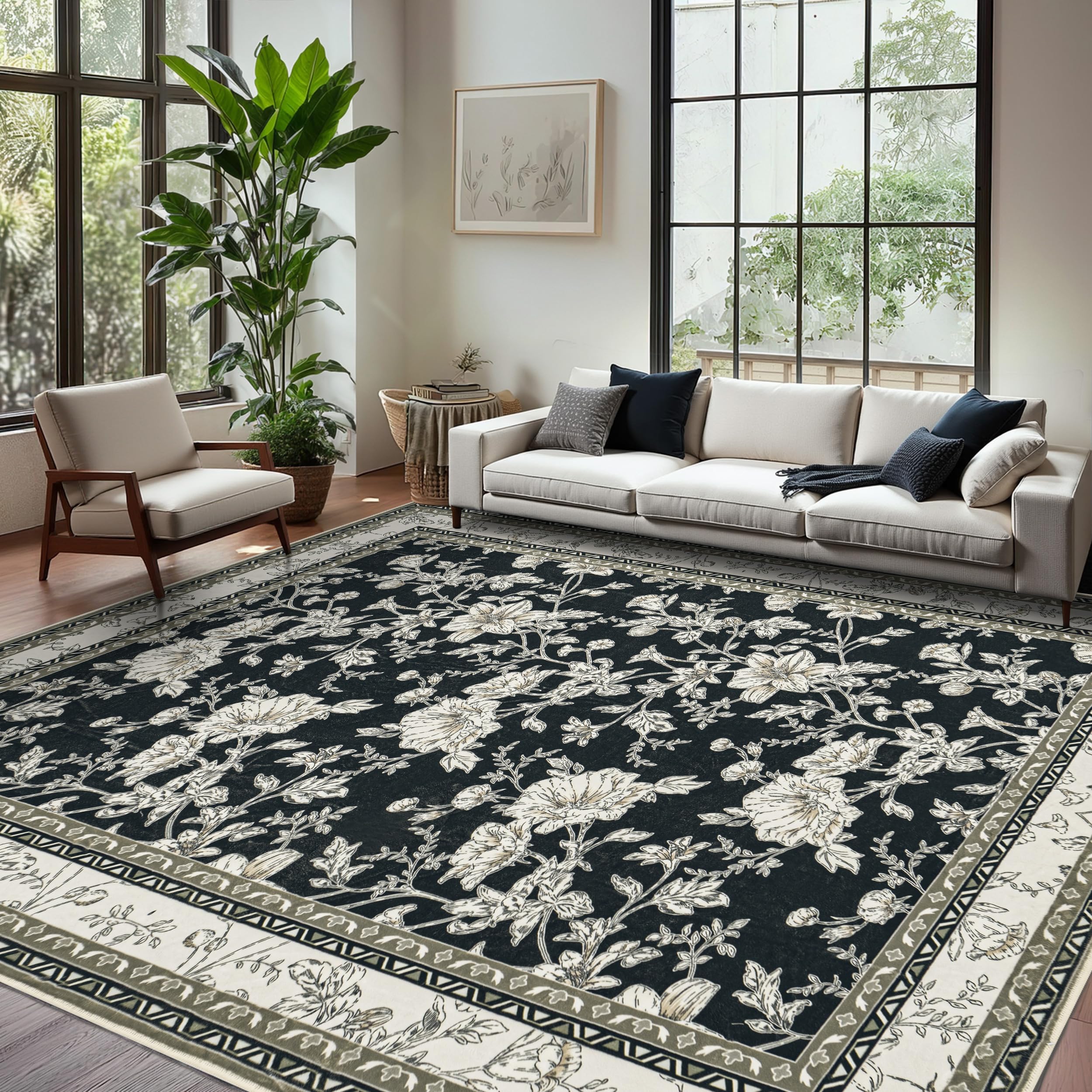 Tapis floral noir antidérapant pour protéger et sublimer votre salon