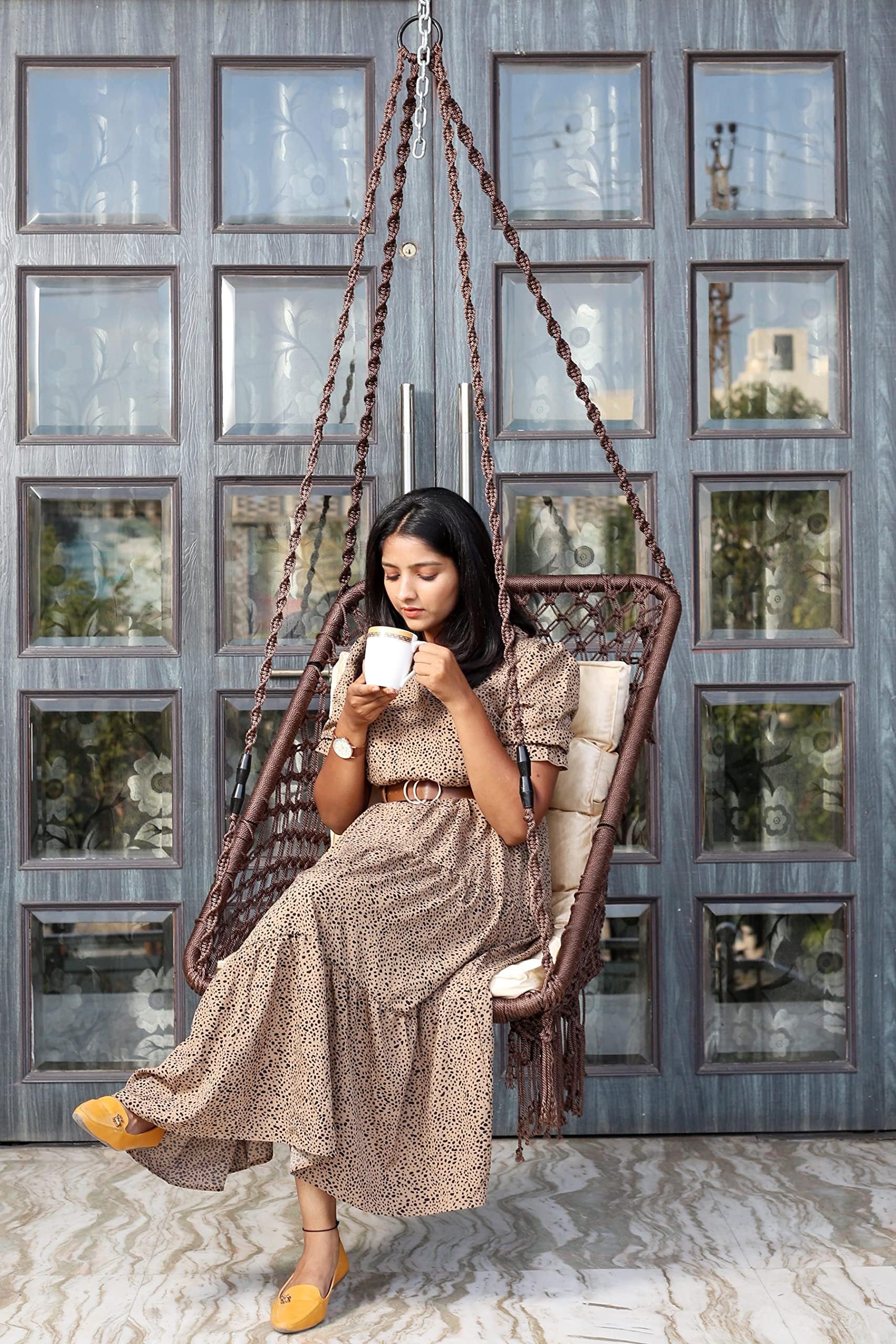 Patiofy Swing/Swing For Balcony/Swing For Adults/Swing Chair For Adults For Home/Swing For Living Room Rectangle Swing Chair W/ Golden & Free Hanging Kit Included-Brown-Polyester,91 Cm,66 Cm,168 Cm