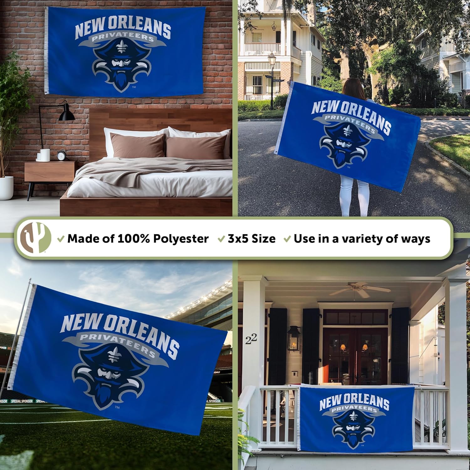 Desert Cactus University of New Orleans UNO Flag - 3 x 5 Feet Privateers Banner, Indoor/Outdoor Durable Fabric, 100% Polyester Design (Style 1)