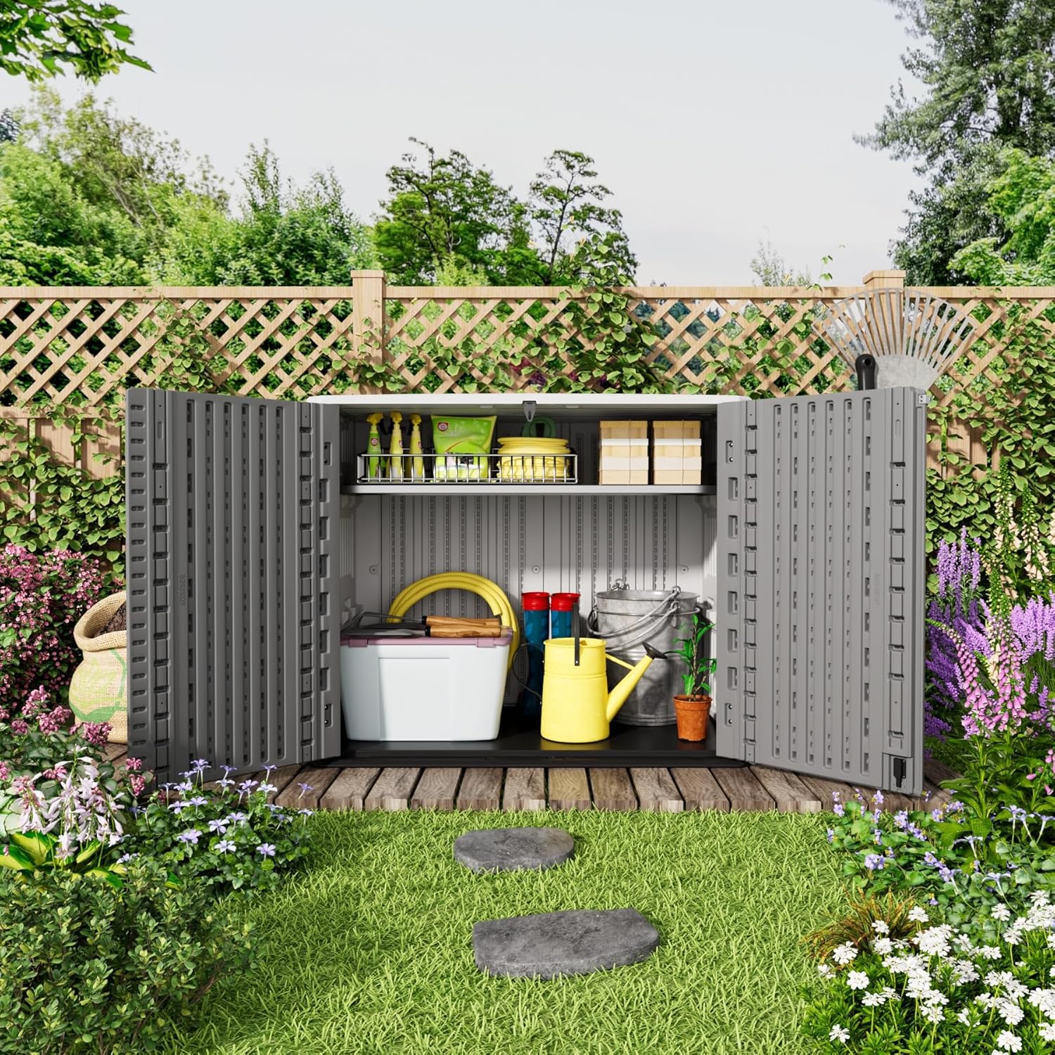 Mrosaa Outdoor Storage Shed Waterproof, Horizontal Outdoor Storage Cabinet for Garbage Cans,Tools and Lawnmower Lockable(34 Cu.ft-Gray and White)