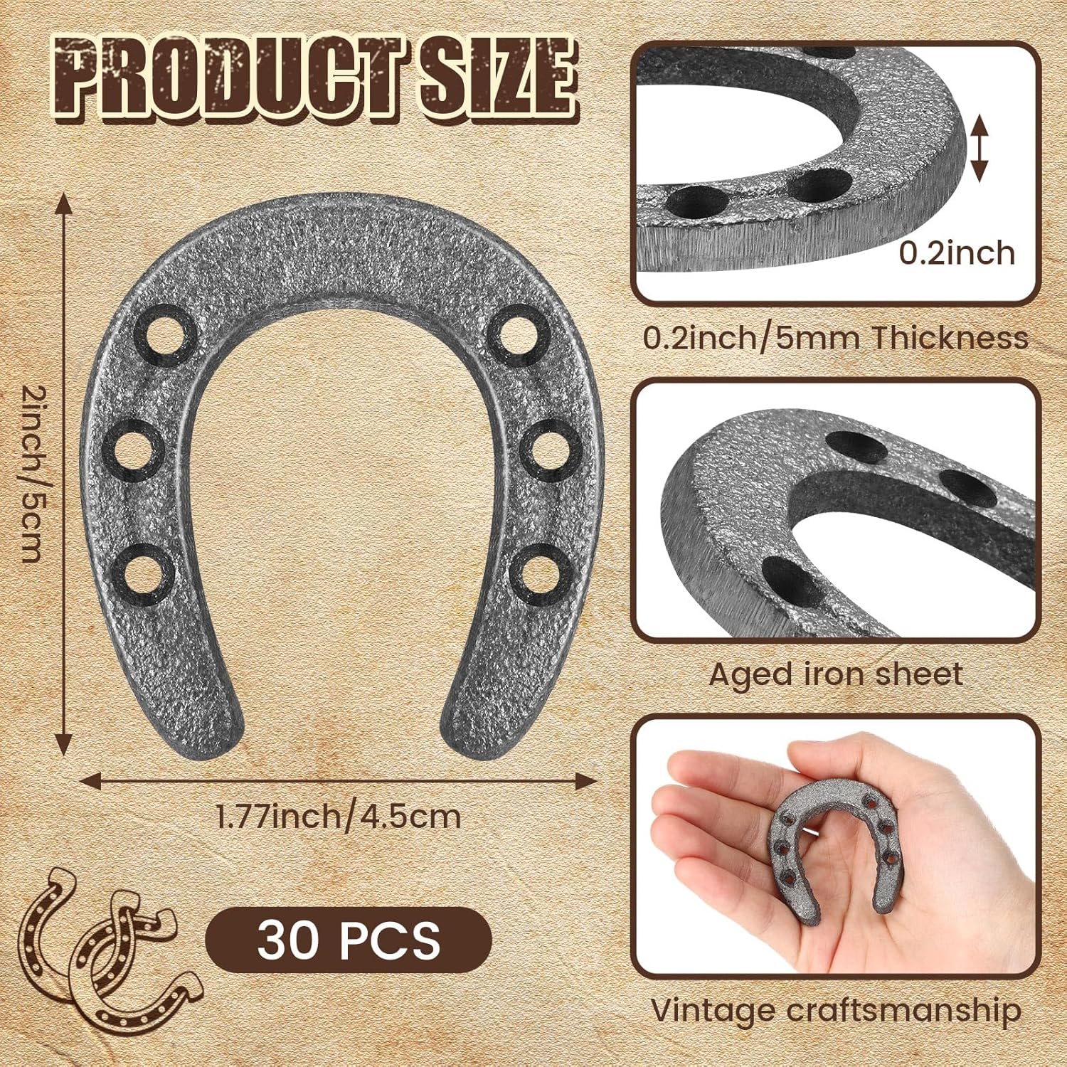 Gisafai 30 Pack 1.77 x 2 Inch Cast Iron Horseshoe for Crafts or Decor Western Theme Wall Decor Mini Older Iron Horseshoes for Wall Hung Durable Horseshoe for Good Lucky Party Favor Decoration