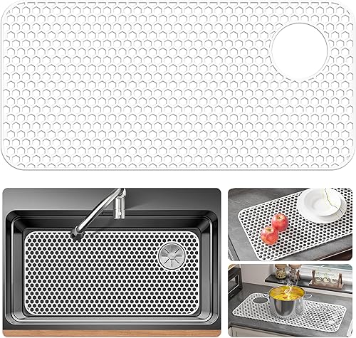 Miniatura 246 de Paquete de 2 tapetes de silicona para fregadero de 13.58 x 11.6 pulgadas, protectores para fregadero de cocina con drenaje central, rejilla Gris