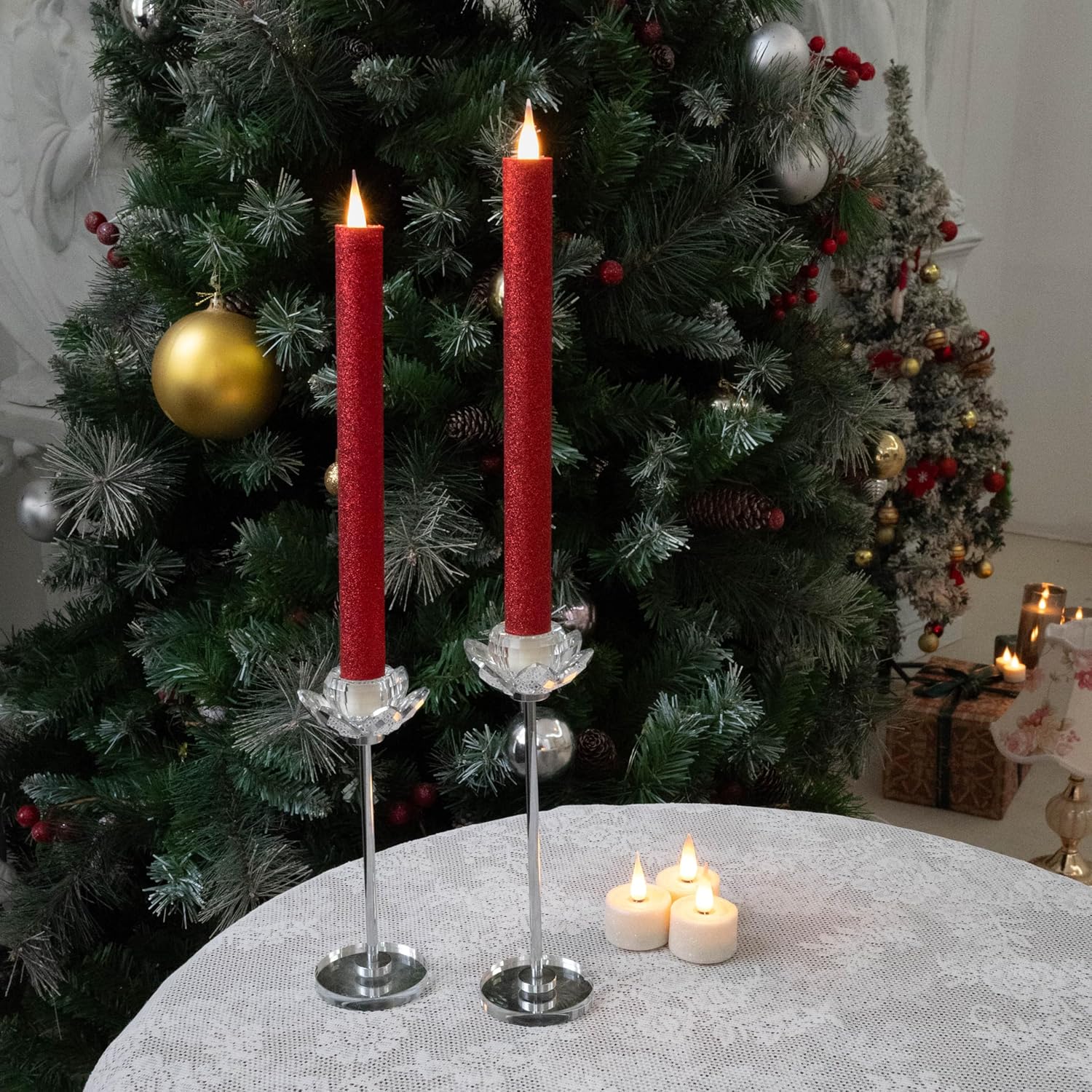 Flameless Candles Bundle - Set of 2 Pillar (3"x5" & 6") and 2 Taper (9") with Remote Timer, 3D Moving Flame in Glitter Red