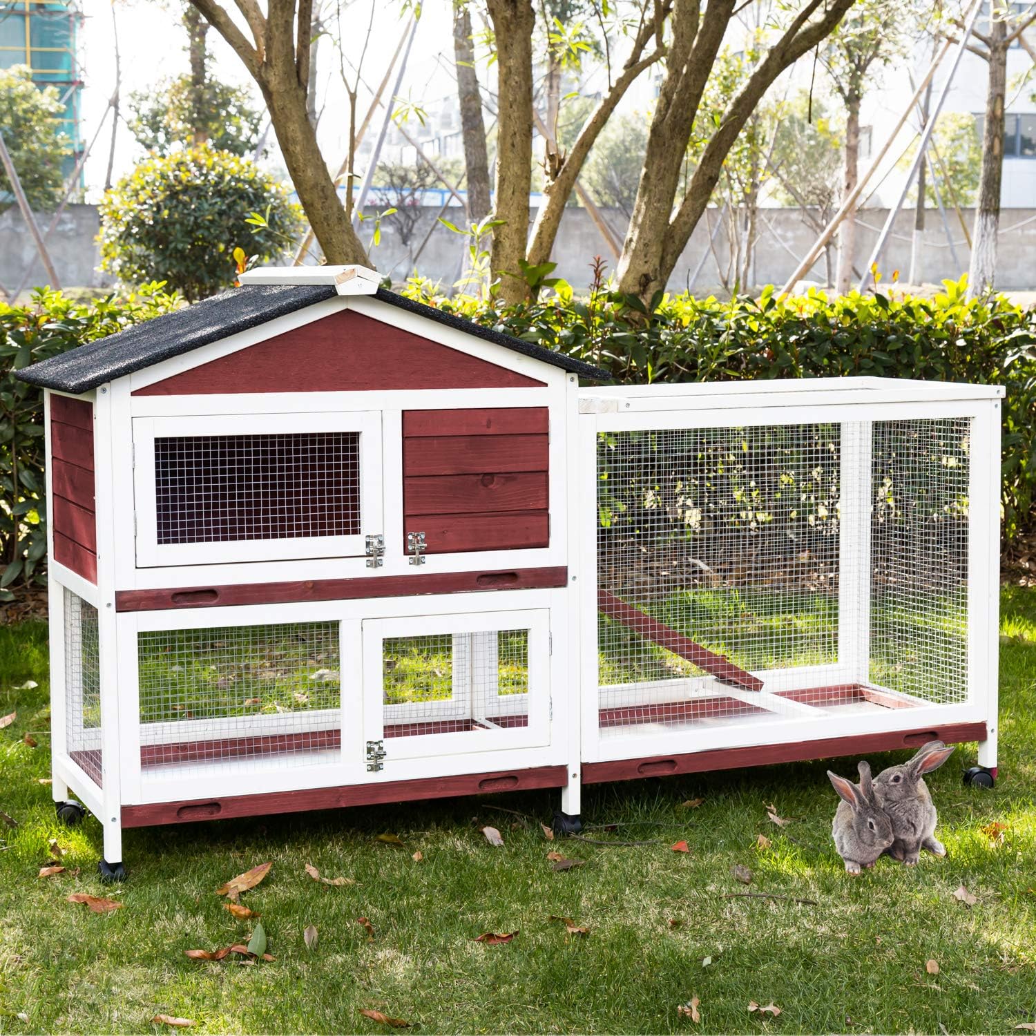 kinbor Rabbit Hutch with Run Wooden Bunny Hutch Outdoor Indoor Guinea Pig Coop Pet House Chick Coop with Removable Tray and Wheels