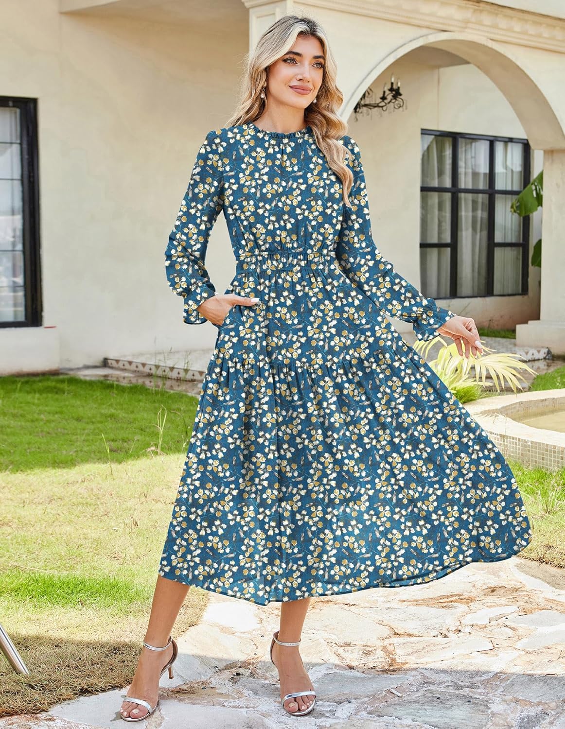 GRACE KARIN Women's Long Sleeve Maxi Dress 2026 Chiffon Flowy Wedding Guest Dresses Floral Dress with Pockets - Image 3