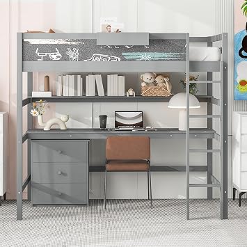 Twin Size Loft Bed with Built-in Desk and Storage Cabinet of 3 Drawers, Wood Loft Bed Frame with with Blackboard, Storage Box and Guardrails for Kids Teens Boys Girls Bedroom Grey-9.16