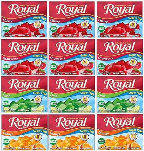 Royal Gelatina sin azúcar, paquete variado de 12-3 cajas cada una, fresa, lima, naranja y cereza, para hacer postres de gelatina bajos en