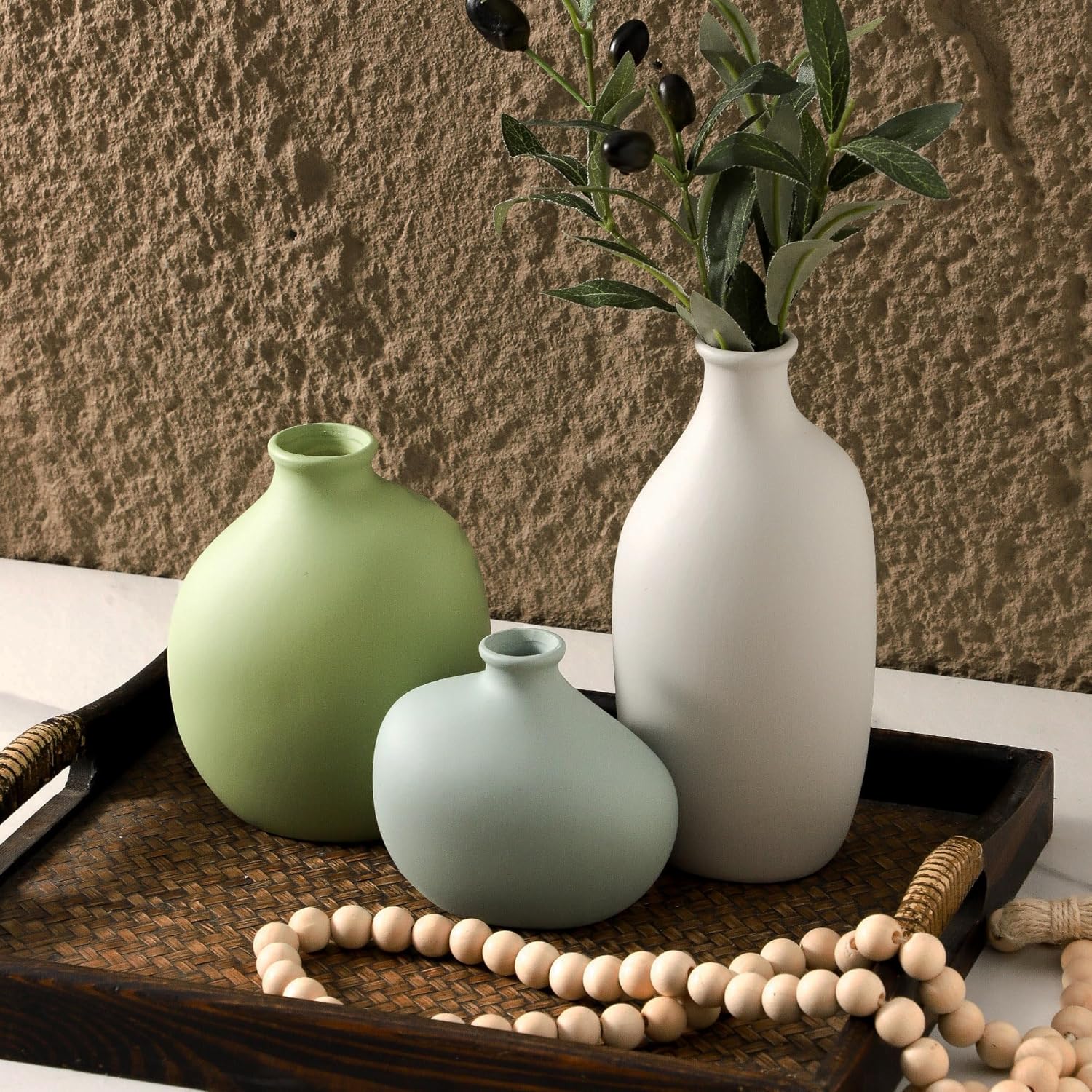 Ceramic Vase Set of 3, Small Rustic Farmhouse Pottery Vases for Home Decor, Perfect for Pampas Grass, Ideal for Living Room, Bedroom, Kitchen, Bathroom, Bookshelf, Table Centerpiece.