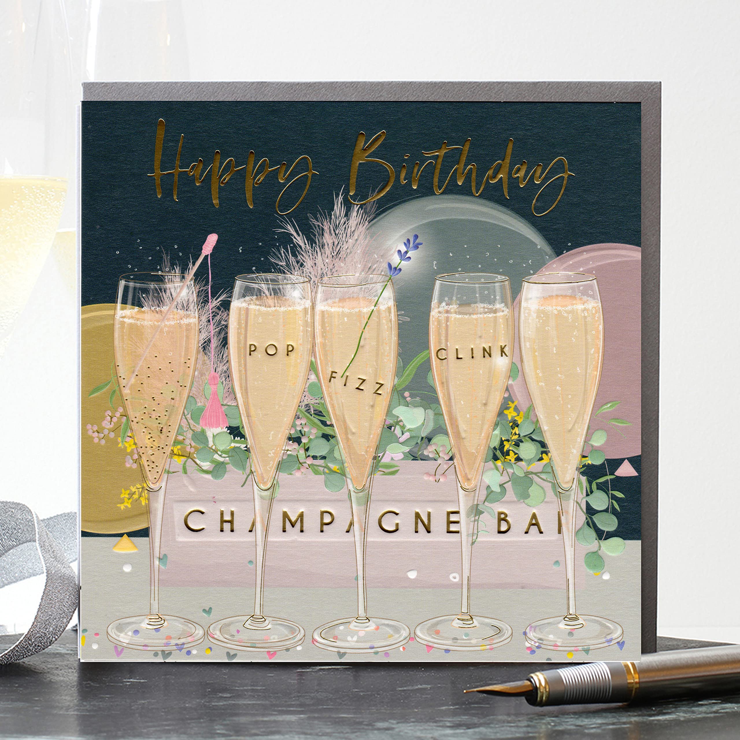 Biglietto Di Auguri Elegante Belly Button - Con Strass E Busta Grigio