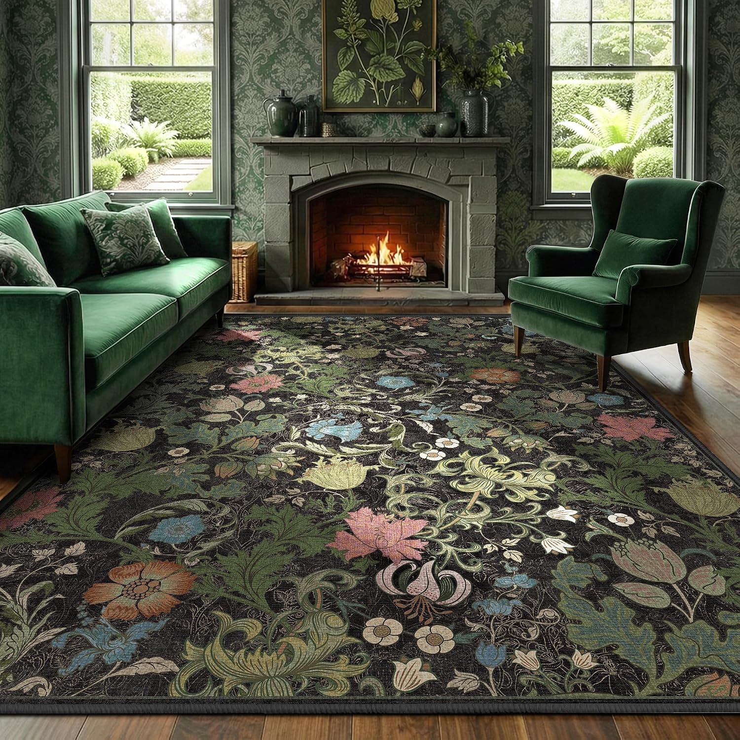 Floral Area Rug 5x7 for Living Room, Washable Vintage Farmhouse Botanical Rug, Non Slip Low Pile Thin Floor Carpet, Soft Decorative Rug for Bedroom Dining Room Home Office Black Green