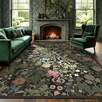 Floral Area Rug 5x7 for Living Room, Washable Vintage Farmhouse Botanical Rug, Non Slip Low Pile Thin Floor Carpet, Soft Decorative Rug for Bedroom Dining Room Home Office Black Green